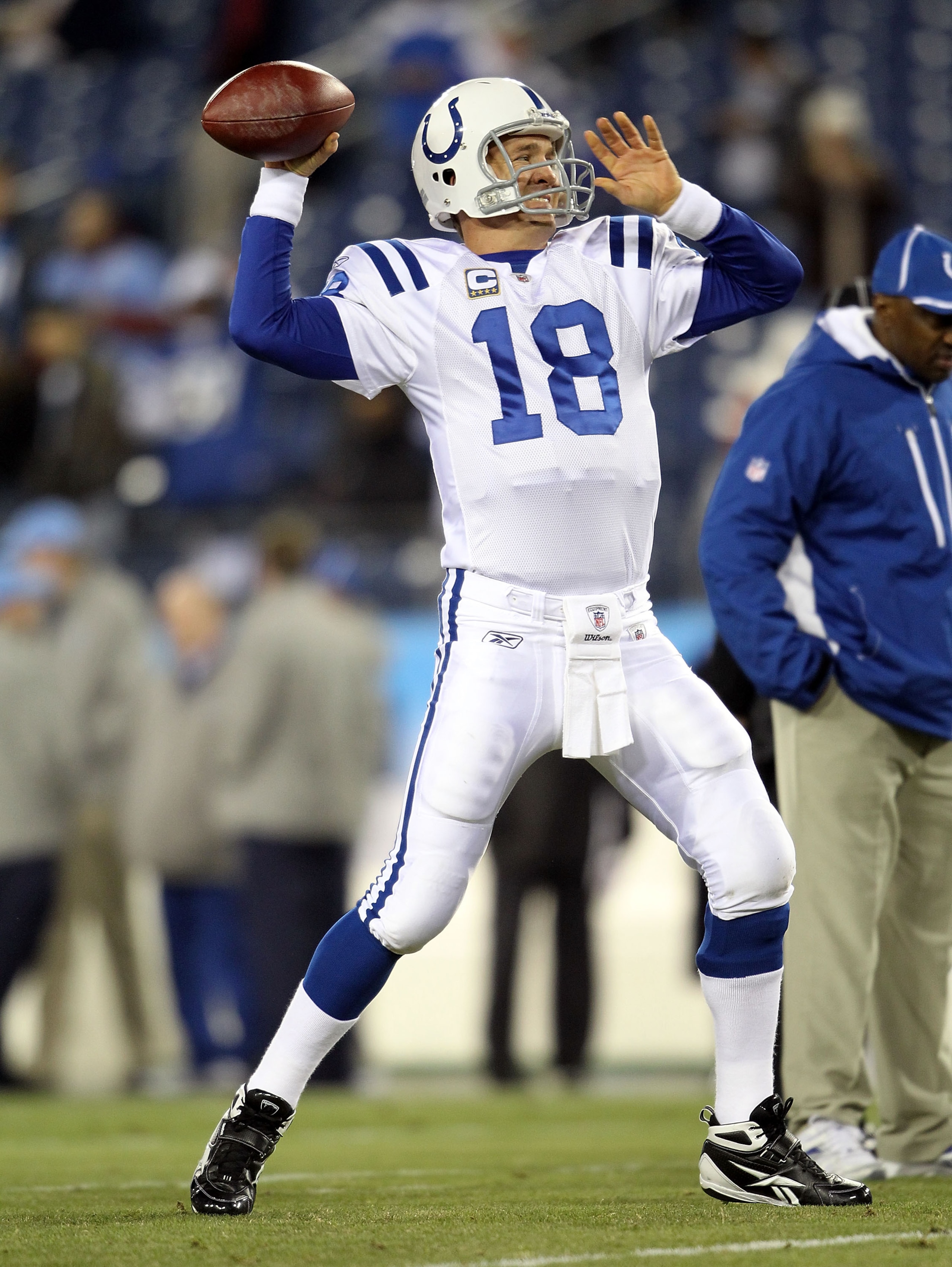 NASHVILLE, TN - DECEMBER 09:  Peyton Manning #18 of the Indianapolis Colts throws a pass before the NFL game against the Tennessee Titans  at LP Field on December 9, 2010 in Nashville, Tennessee.  (Photo by Andy Lyons/Getty Images)