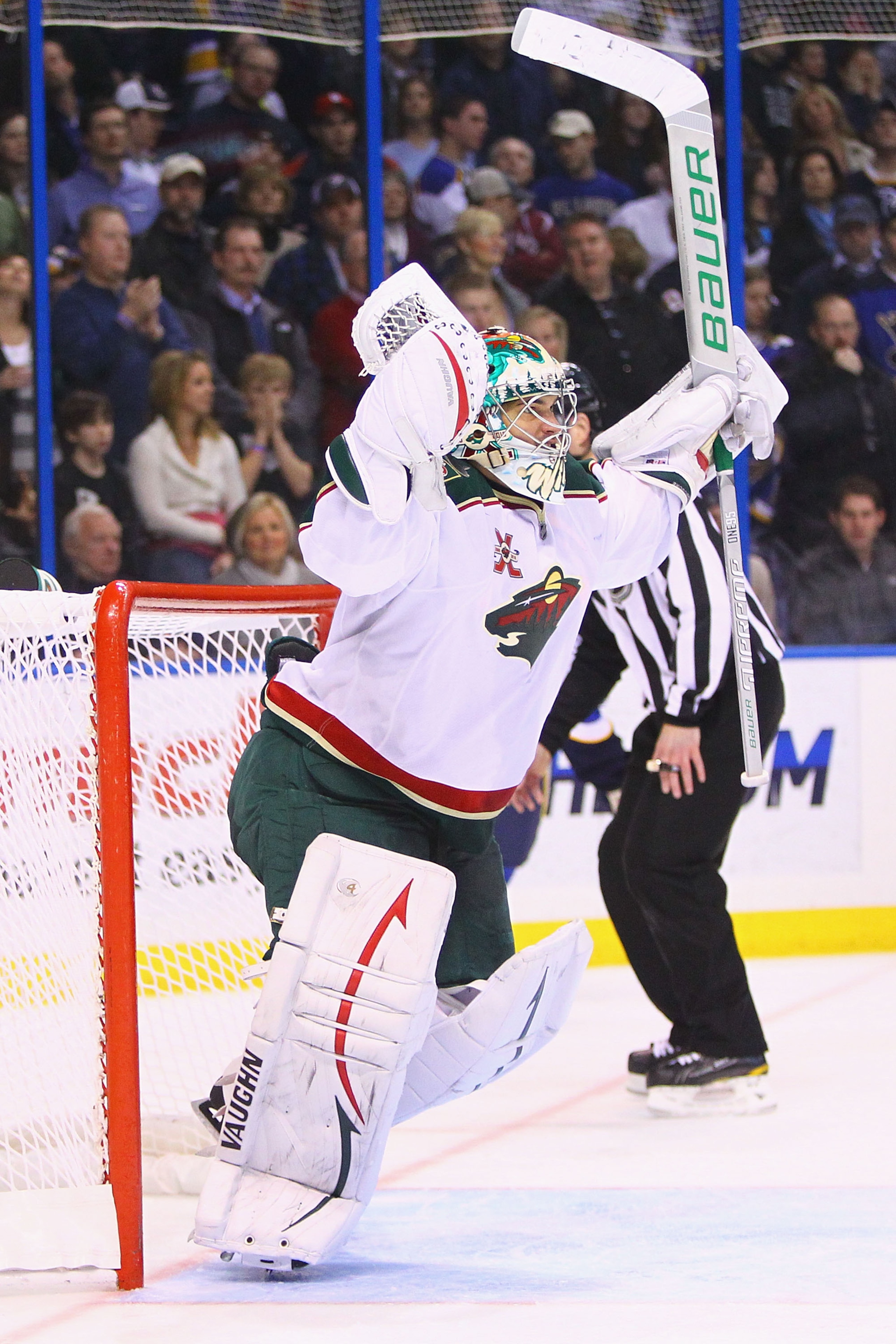 ST. LOUIS, MO - FEBRUARY 11: Jose Theodore #60 of the Minnesota Wild celebrates a victory against the St. Louis Blues at the Scottrade Center on February 11, 2011 in St. Louis, Missouri.  The Wild won 5-4 in a shootout.  (Photo by Dilip Vishwanat/Getty Im