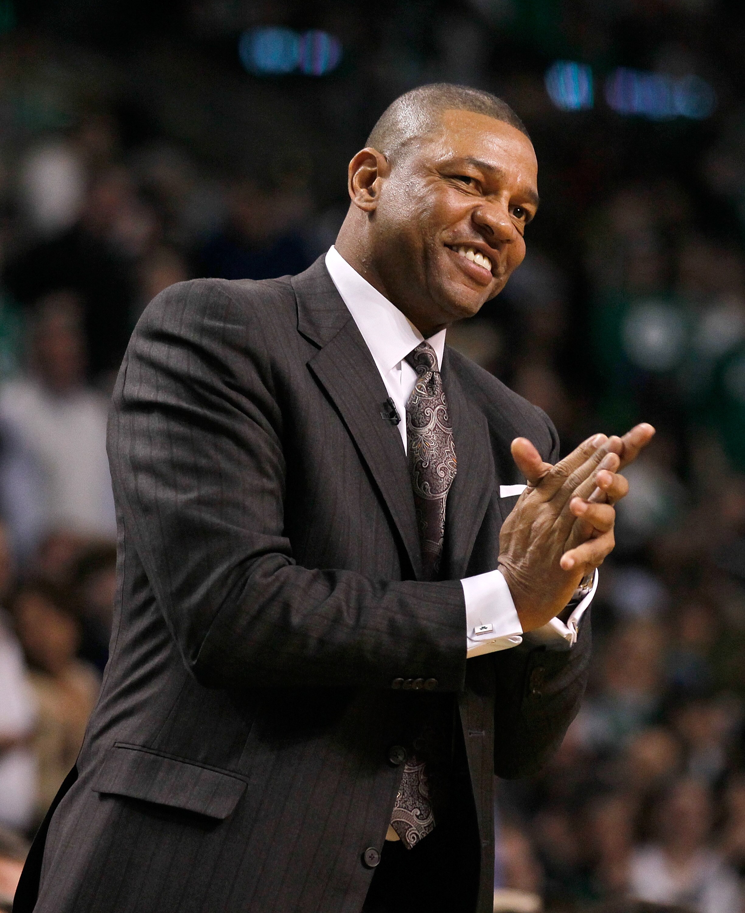 BOSTON - FEBRUARY 13:  Coach Doc Rivers of the Boston Celtics reacts against the Miami Heat at TD Garden on February 13, 2011 in Boston, Massachusetts. The Celtics won 85-82. NOTE TO USER: User expressly acknowledges and agrees that, by downloading and/or