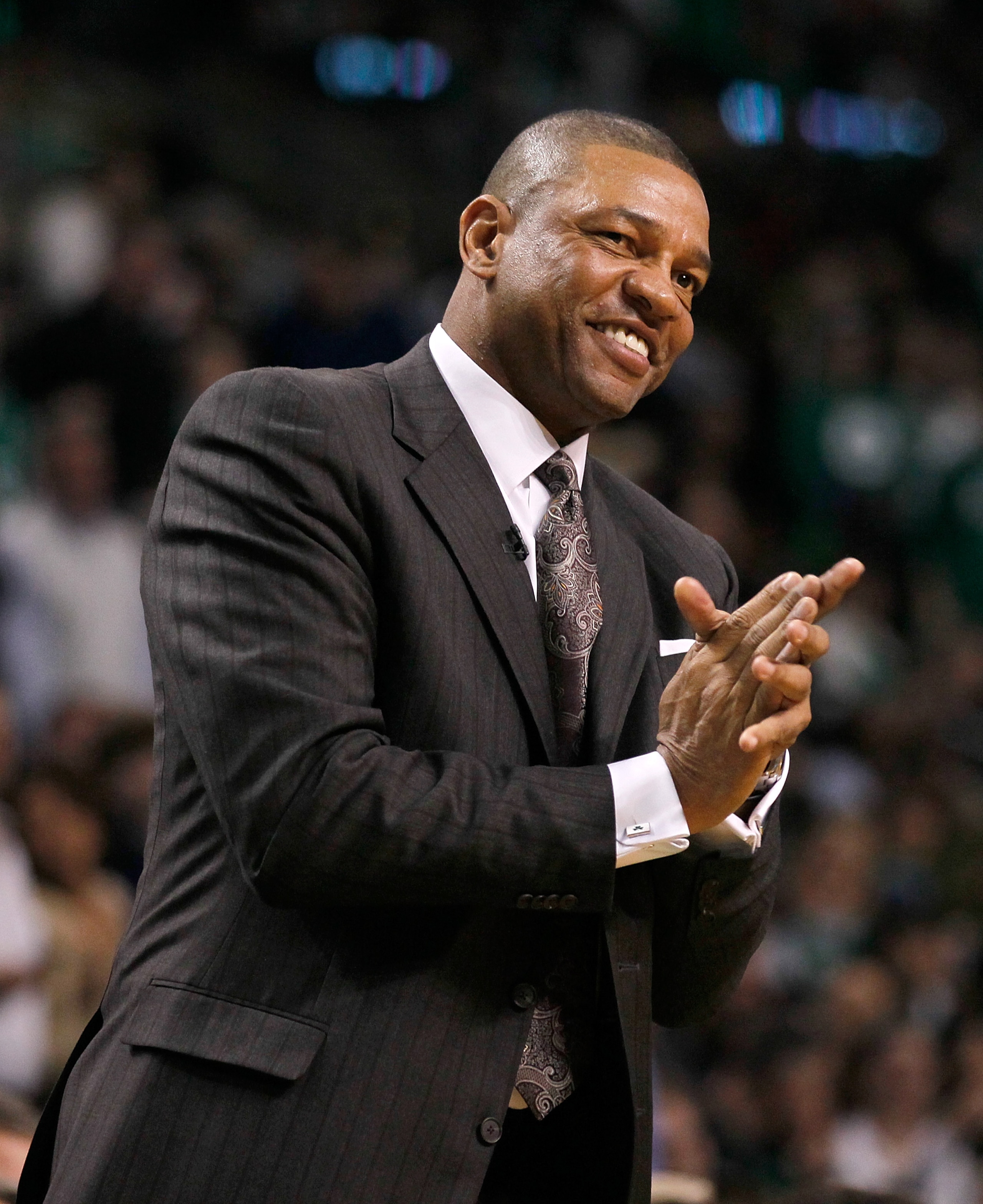 BOSTON - FEBRUARY 13:  Coach Doc Rivers of the Boston Celtics reacts against the Miami Heat at TD Garden on February 13, 2011 in Boston, Massachusetts. The Celtics won 85-82. NOTE TO USER: User expressly acknowledges and agrees that, by downloading and/or