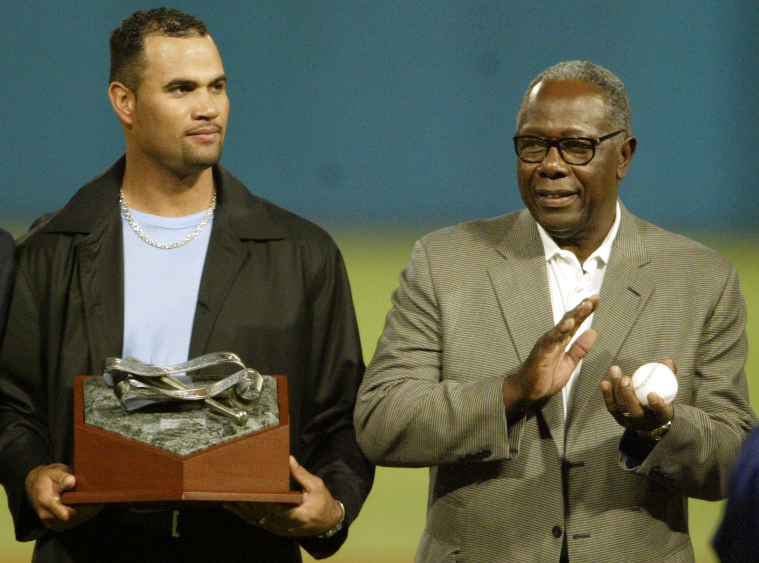MIAMI - OCTOBER 22:  Albert Pujols of the St. Louis Cardinals wins the National League Hank Aaron Award prior to game four of the Major League Baseball World Series between the New York Yankee and the Florida Marlins on October 22, 2003 at Pro Player Stad