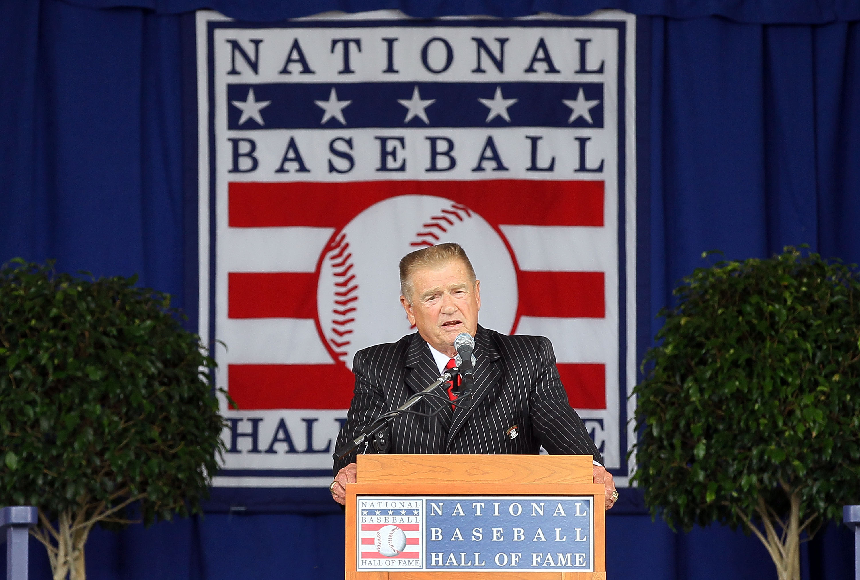COOPERSTOWN, NY - JULY 25:  The 2010 inductee Whitey Herzog gives his speech at Clark Sports Center during the Baseball Hall of Fame induction ceremony on July 25, 20010 in Cooperstown, New York. Herzog served as manager for four teams and finished his ca