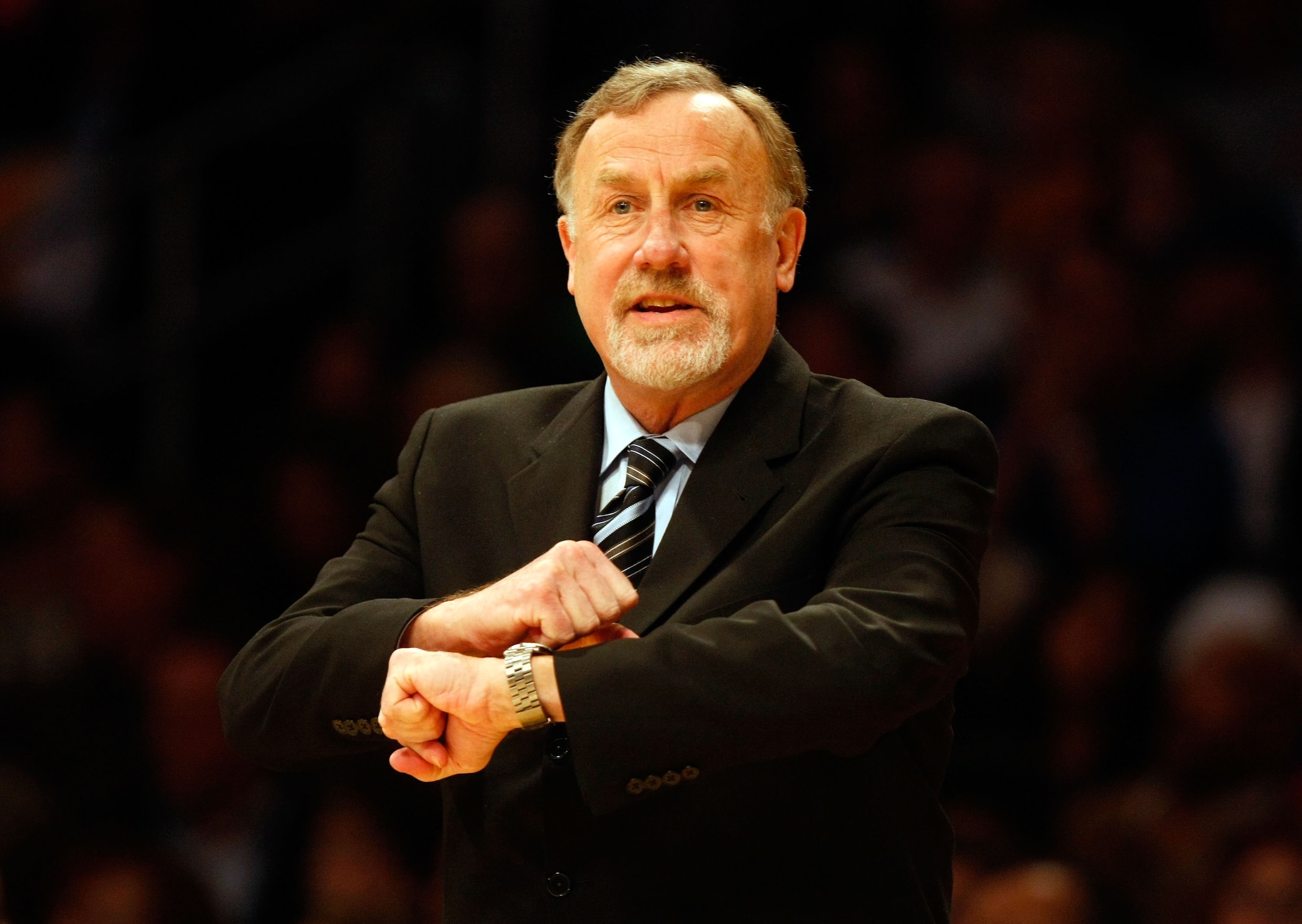 LOS ANGELES, CA - APRIL 03:  Houston Rockets head coach Rick Adelman gestures to a referee during the second half against the Los Angeles Lakers at Staples Center on April 3, 2009 in Los Angeles, California. The Lakers defeated the Rockets 93-81. NOTE TO