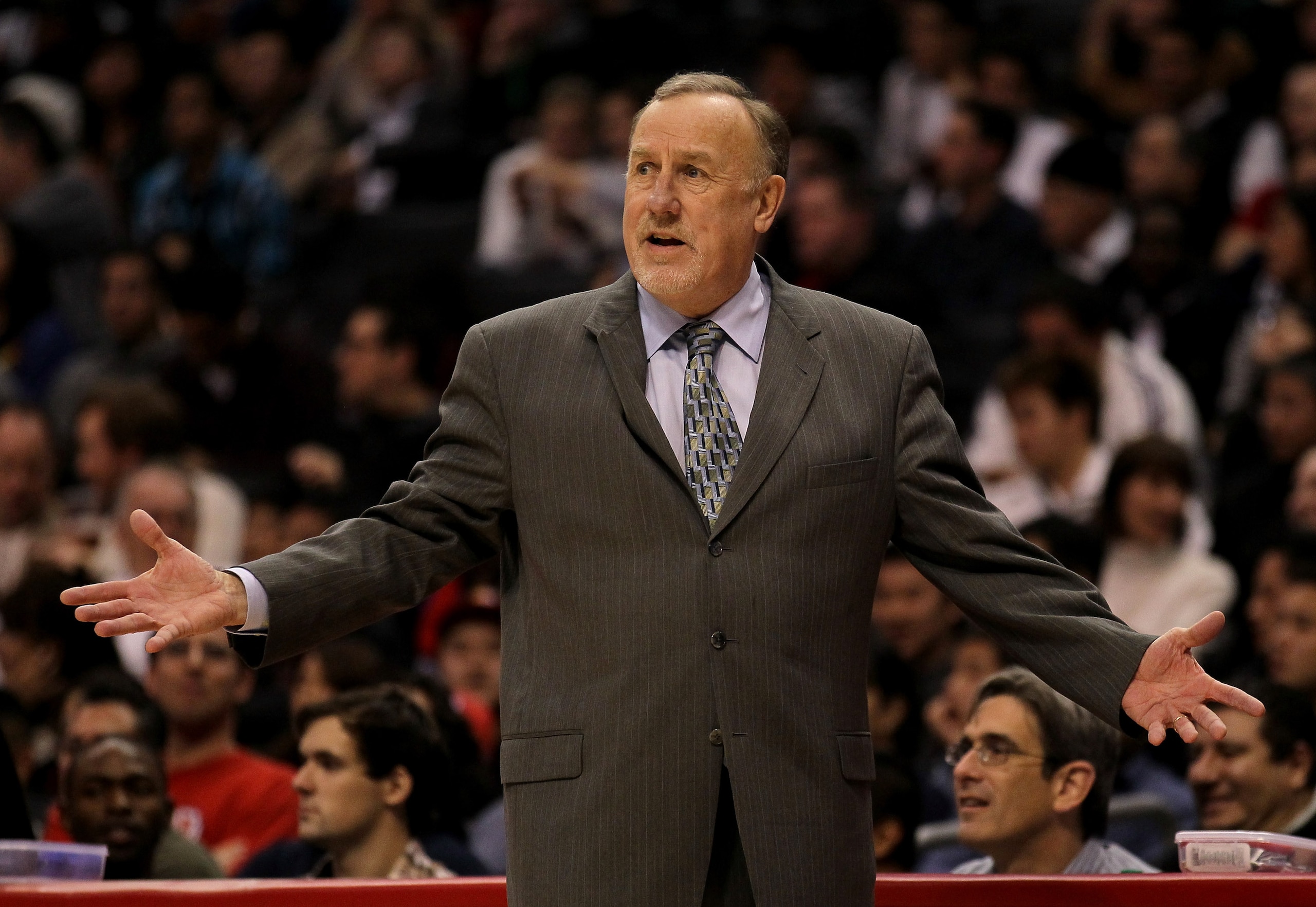 LOS ANGELES, CA - DECEMBER 22: Head coach Rick Adelman of the Houston Rockets complains to an official in the game with the Los Angeles Clippers at Staples Center on December 22, 2010 in Los Angeles, California.  The Rockets won 97-92. NOTE TO USER: User