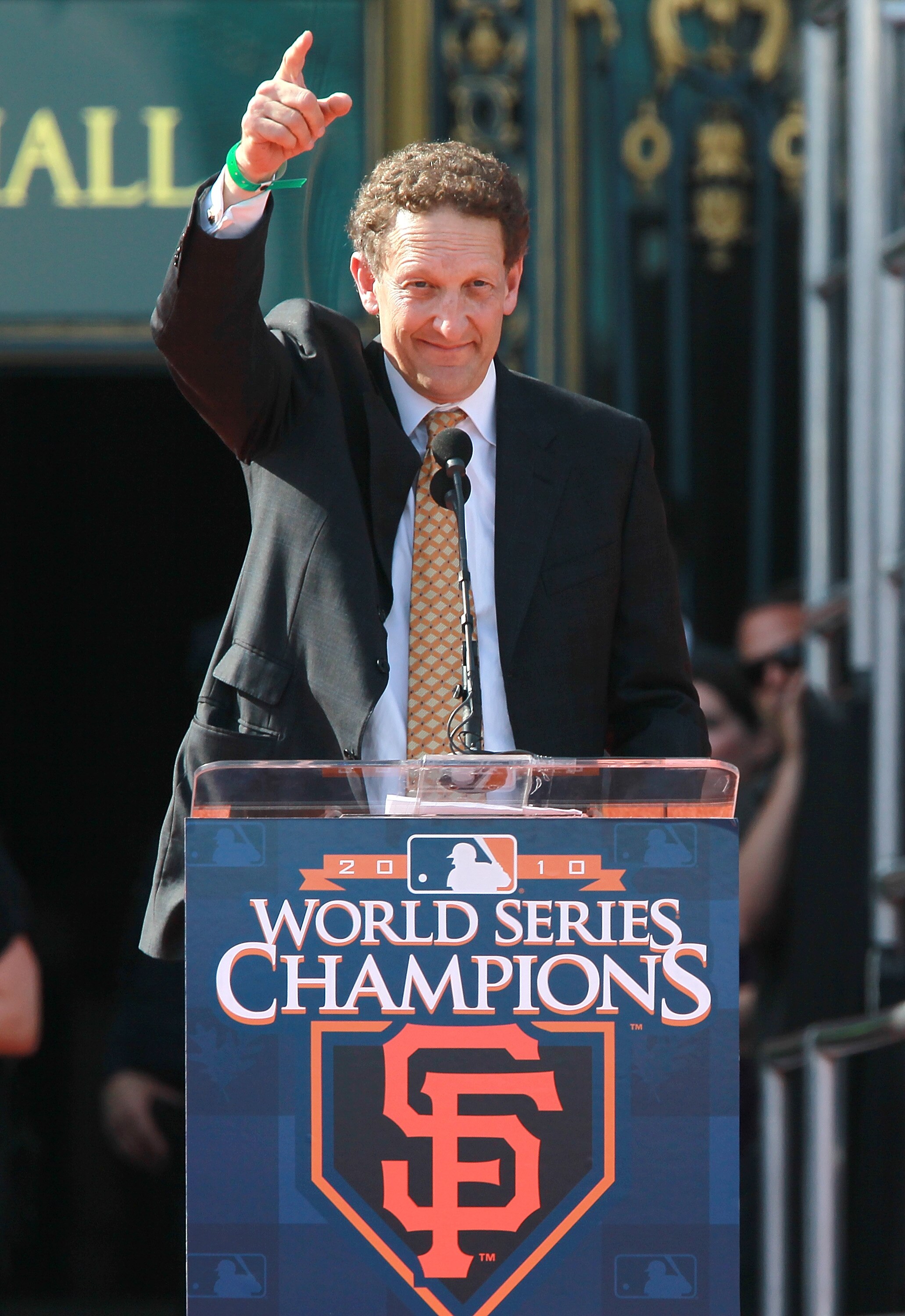 SAN FRANCISCO - NOVEMBER 03:  San Francisco Giants president Larry Baer speaks to fans during the Giants' victory parade and celebration on November 3, 2010 in San Francisco, California. Thousands of Giants fans lined the streets of San Francisco to watch
