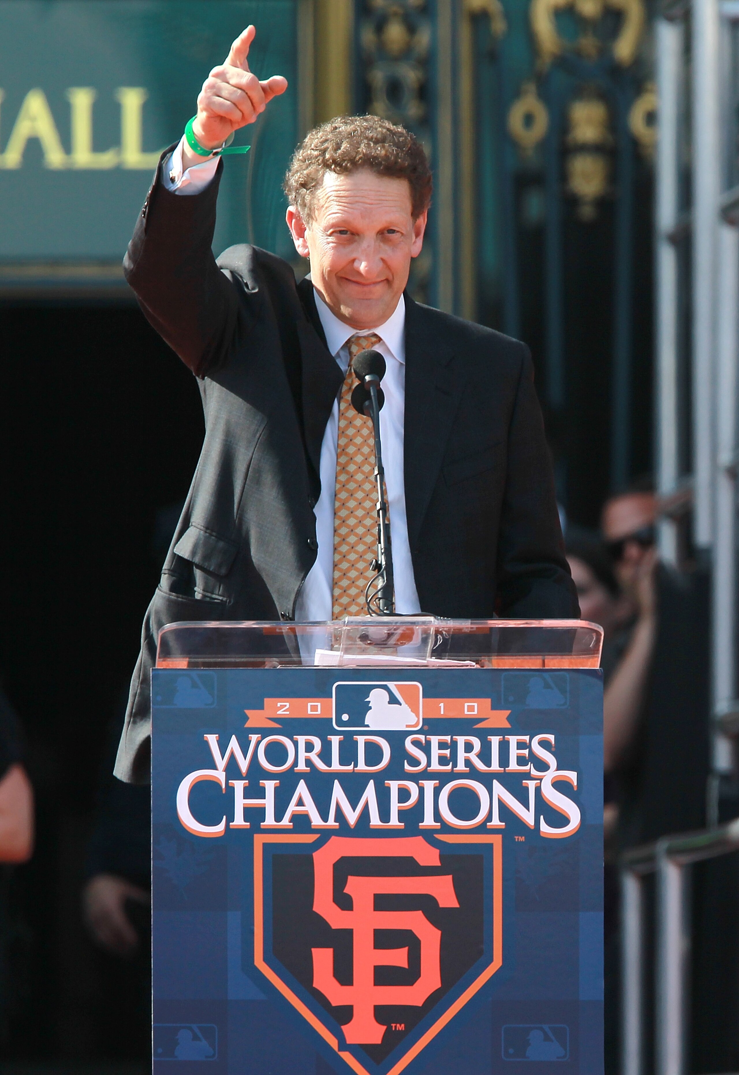 SAN FRANCISCO - NOVEMBER 03:  San Francisco Giants president Larry Baer speaks to fans during the Giants' victory parade and celebration on November 3, 2010 in San Francisco, California. Thousands of Giants fans lined the streets of San Francisco to watch