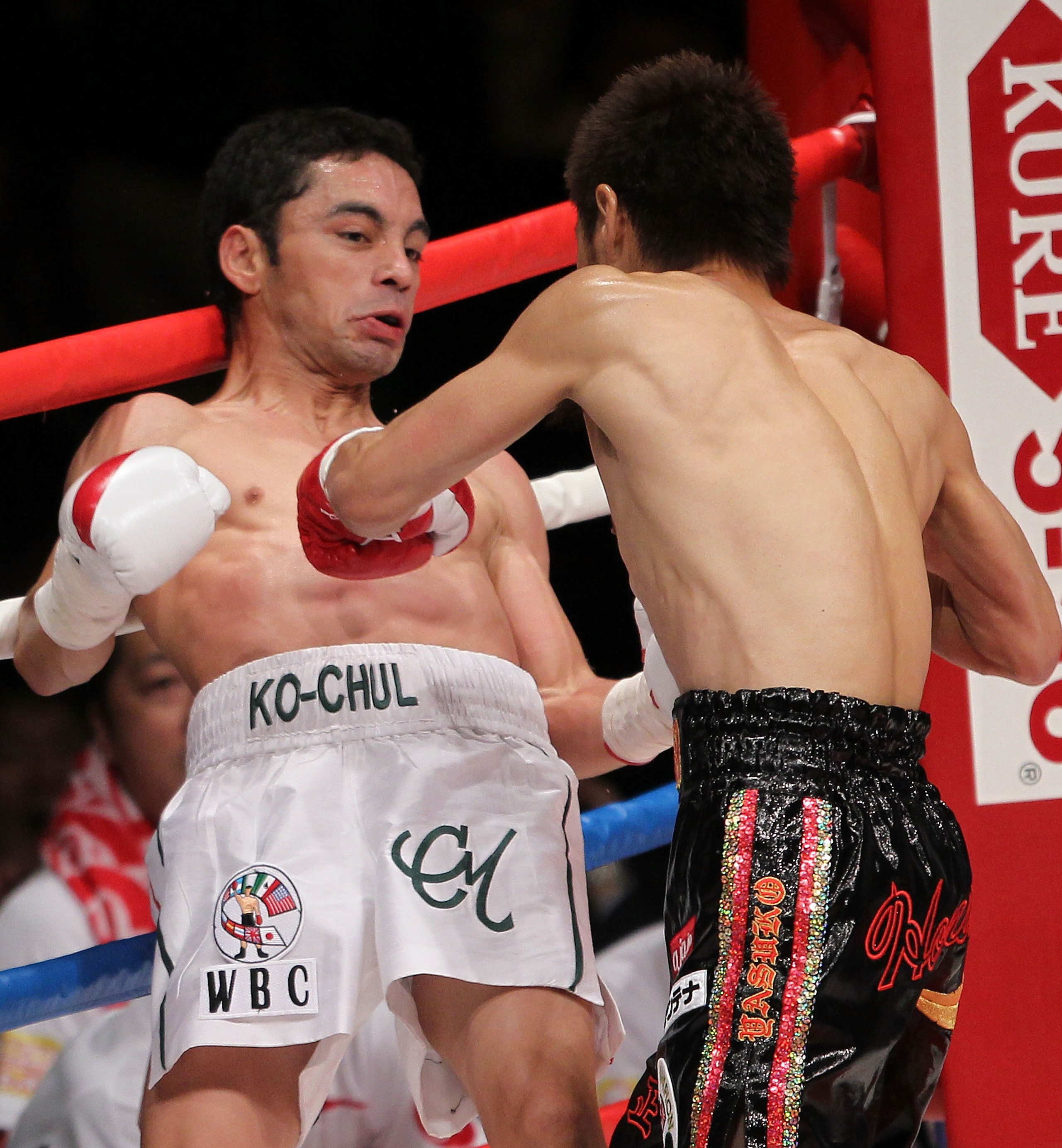 TOKYO - APRIL 30:  Fernando Montiel of Mexico (L) fights with Hozumi Hasegawa of Japan during the WBC Bantamweight Title Fight between Hozumi Hasegawa and Fernando Montiel at Nippon Budokan on April 30, 2010 in Tokyo, Japan.  (Photo by Koichi Kamoshida/Ge