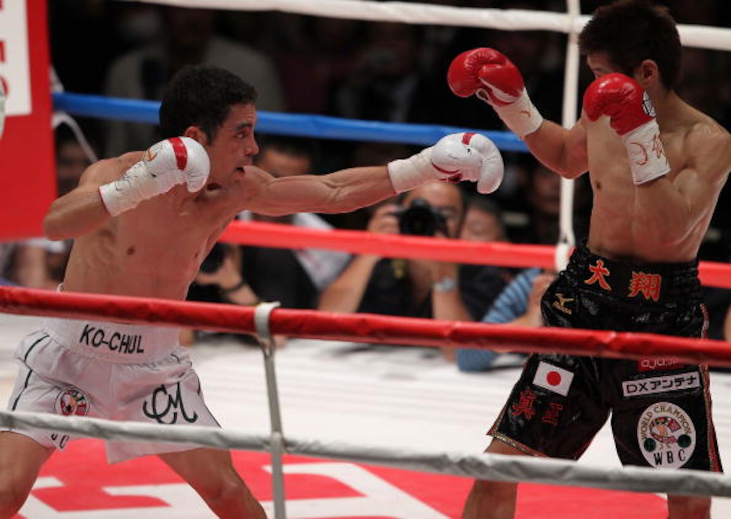TOKYO - APRIL 30:  Fernando Montiel of Mexico (L) fights with Hozumi Hasegawa of Japan during the WBC Bantamweight Title Fight between Hozumi Hasegawa and Fernando Montiel at Nippon Budokan on April 30, 2010 in Tokyo, Japan.  (Photo by Koichi Kamoshida/Ge