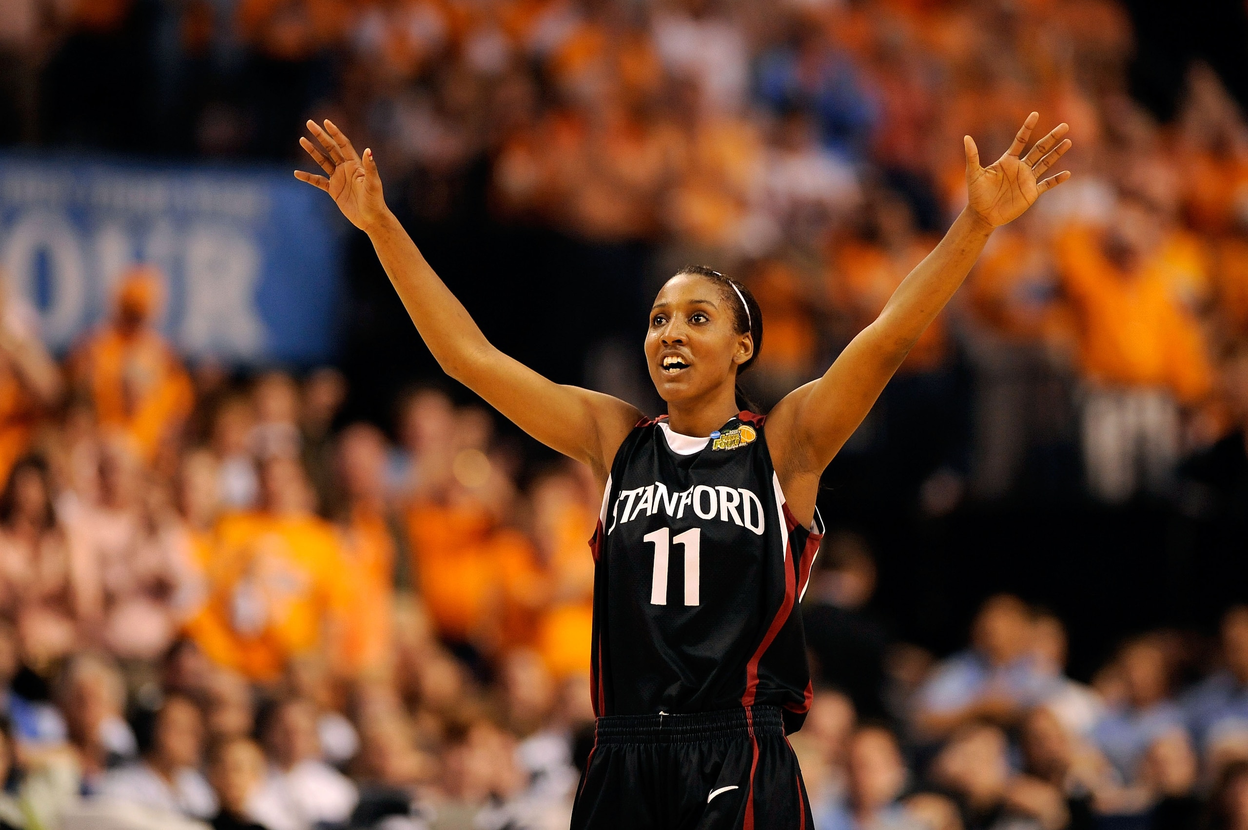 TAMPA, FL - APRIL 06: Candice Wiggins #11 of the Stanford Cardinal celebrates their 82-73 against the UCONN Huskies during their National Semifinal Game of the 2008 NCAA Women's Final Four at St. Pete Times Forum April 6, 2008 in Tampa, Florida. (Photo TAMPA, FL - APRIL 06: Candice Wiggins #11 of the Stanford Cardinal celebrates their 82-73 against the UCONN Huskies during their National Semifinal Game of the 2008 NCAA Women's Final Four at St. Pete Times Forum April 6, 2008 in Tampa, Florida. (Photo