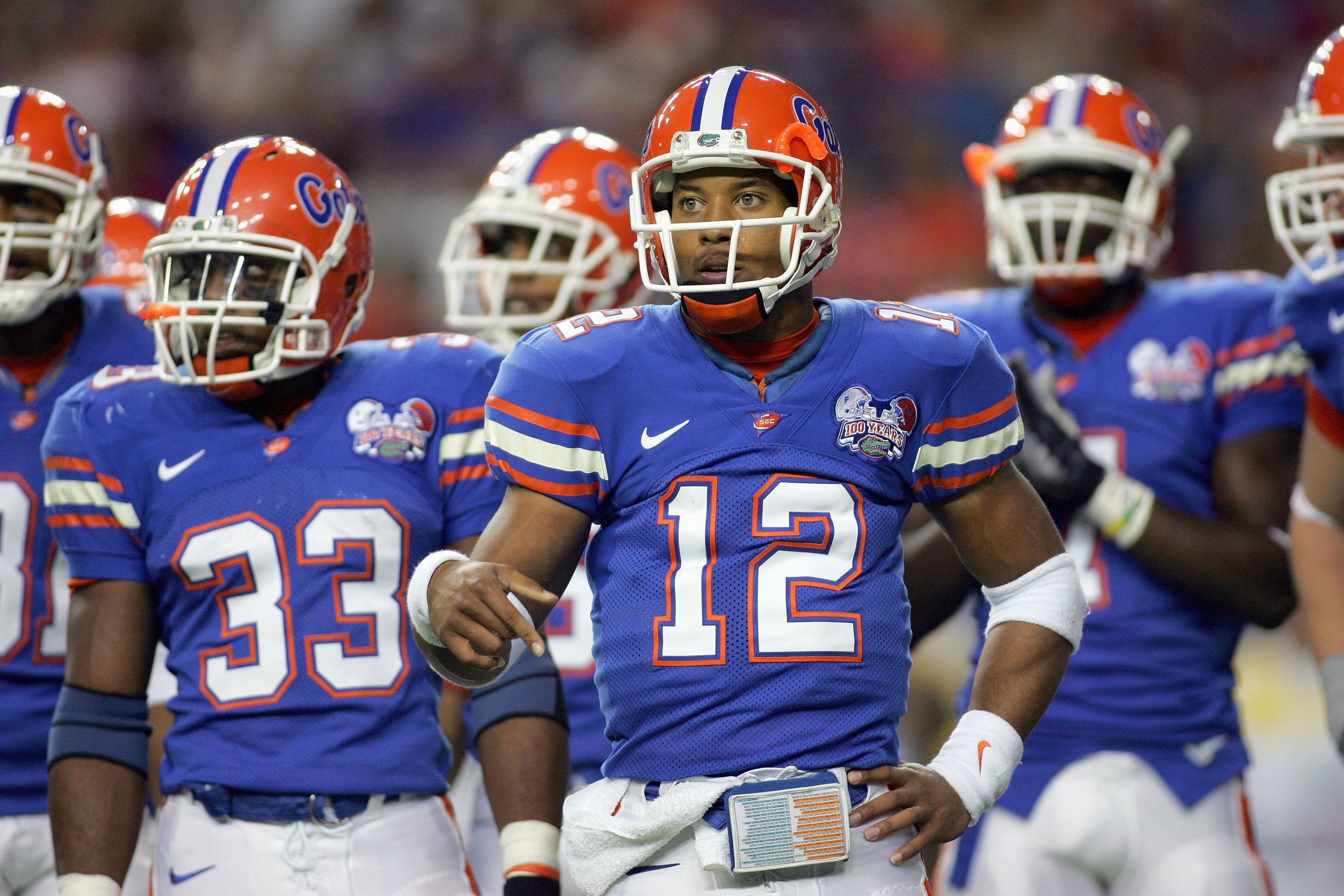 ATLANTA - DECEMBER 2:  Quarterback Chris Leak #12 of the Florida Gators looks on with the team against the Arkansas Razorbacks during the 2006 SEC Championship Game at the Georgia Dome on December 2, 2006 in Atlanta, Georgia. (Photo by Ronald Martinez/Get