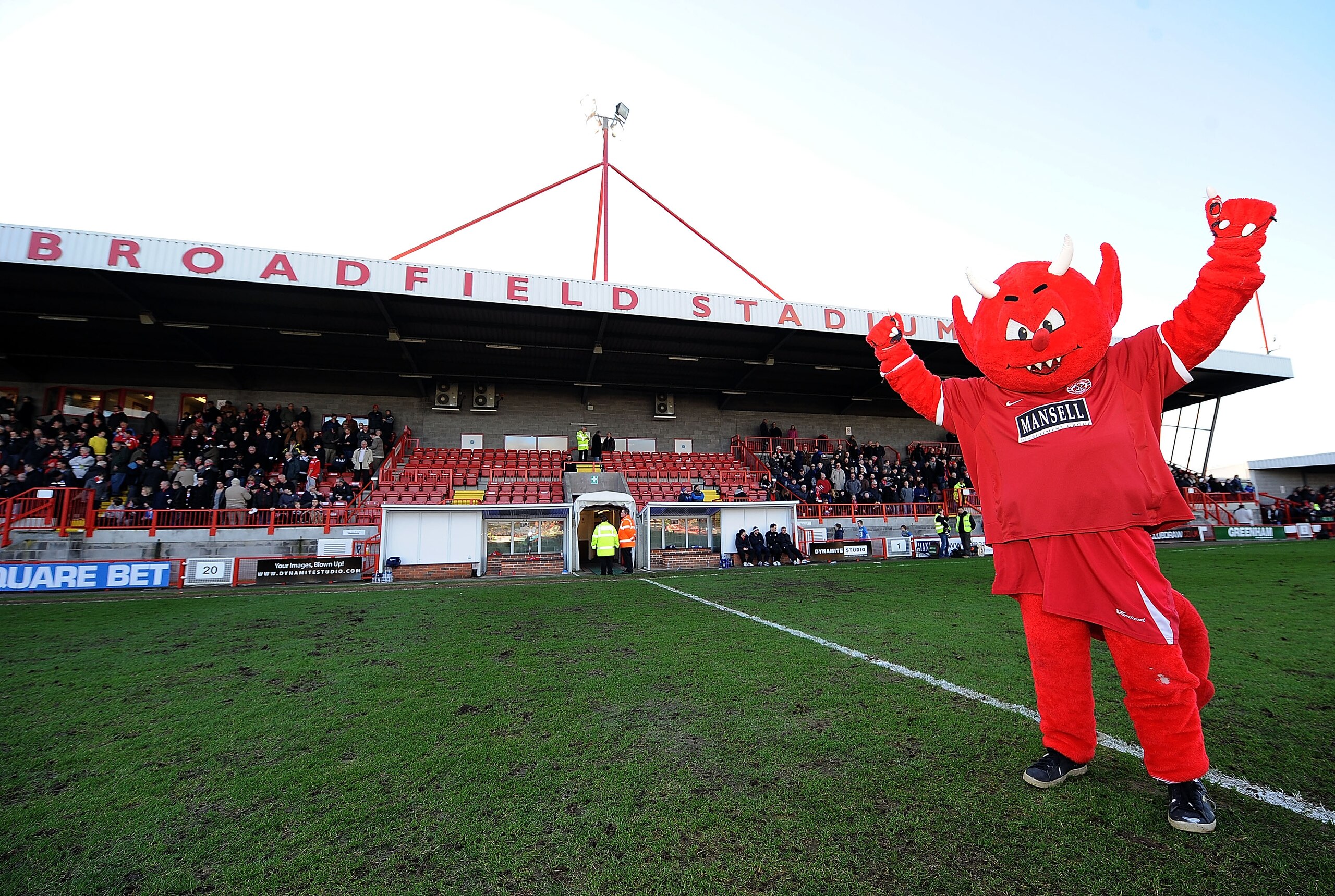 CRAWLEY, WEST SUSSEX - FEBRUARY 12:  Reggie the Red Devil mascot of Crawley Town poses on the pitch during the Blue Square Bet Premier match between Crawley Town and Wrexham at Broadfield Stadium on February 12, 2011 in Crawley, West Sussex.  (Photo by Ch