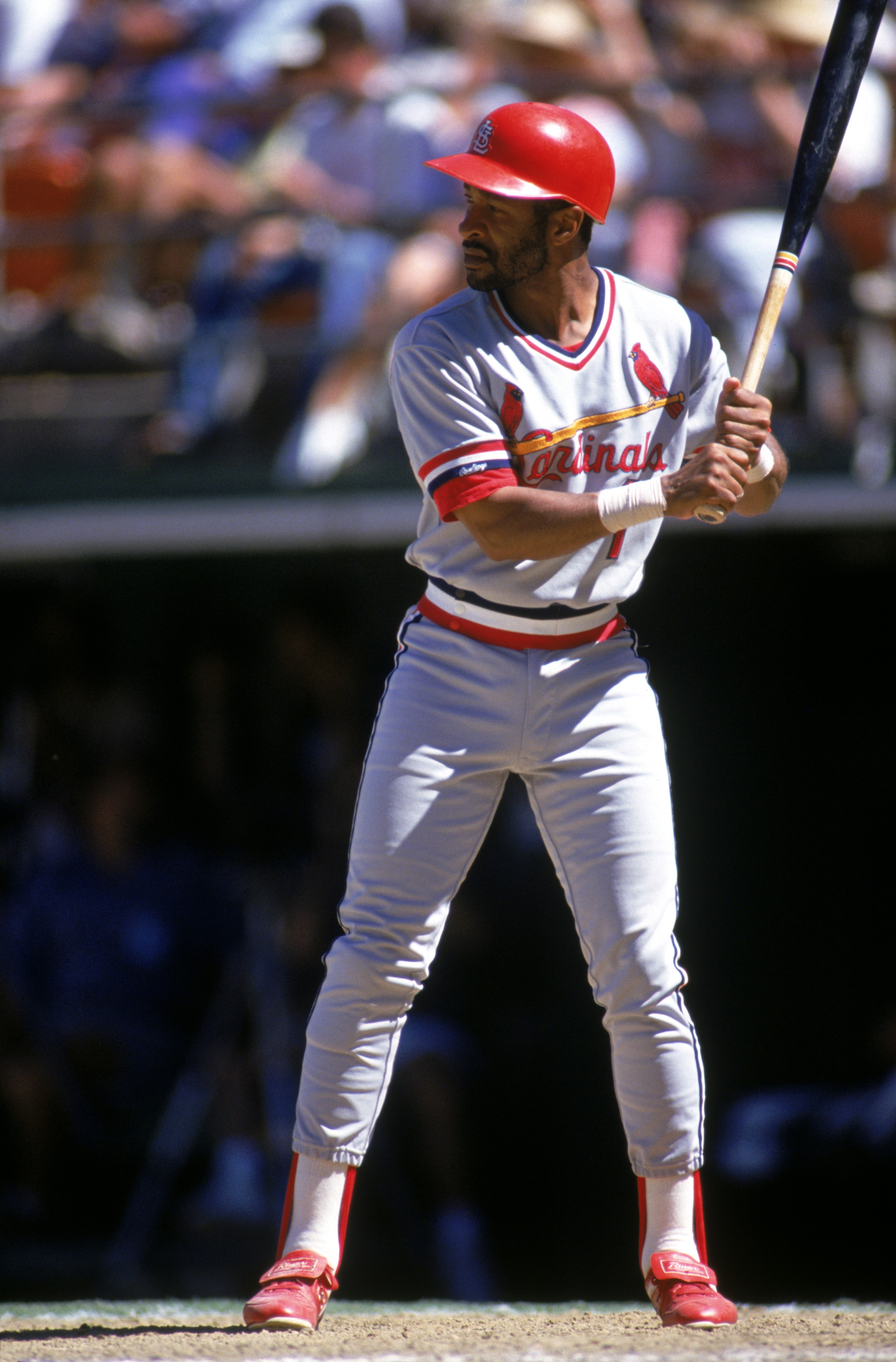 SAN DIEGO - 1990:  Ozzie Smith #1 of the St. Louis Cardinals stands ready at the plate during a game with the San Diego Padres in 1990 at Jack Murphy Stadium in San Diego, California.  (Photo by Stephen Dunn/Getty Images)
