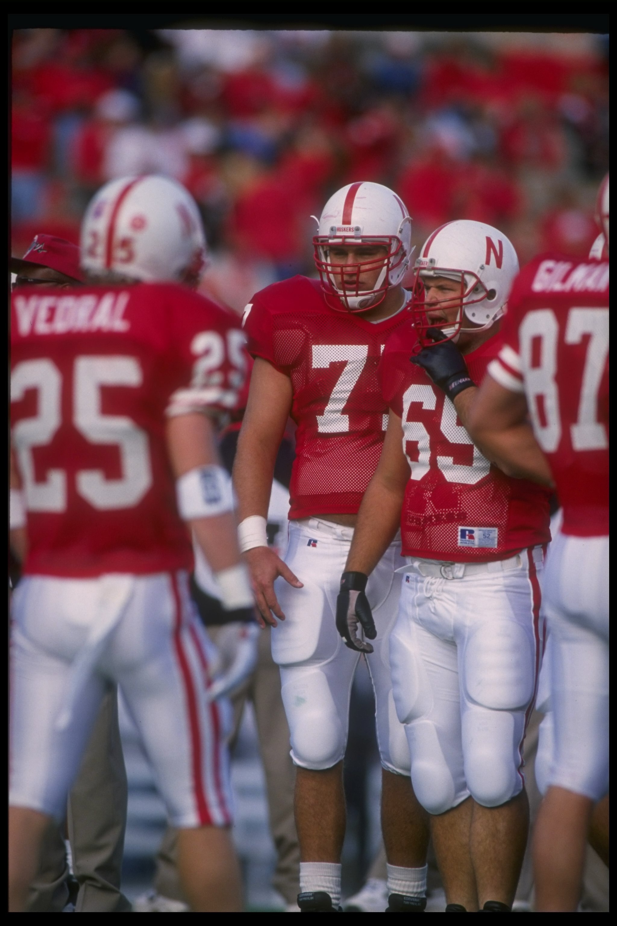 29 Oct 1994:  Nebraska Cornhuskers players confer during a game against the Colorado Buffaloes at Memorial Stadium in Lincoln, Nebraska.  Nebraska won the game, 24-7. Mandatory Credit: Todd Rosenberg  /Allsport