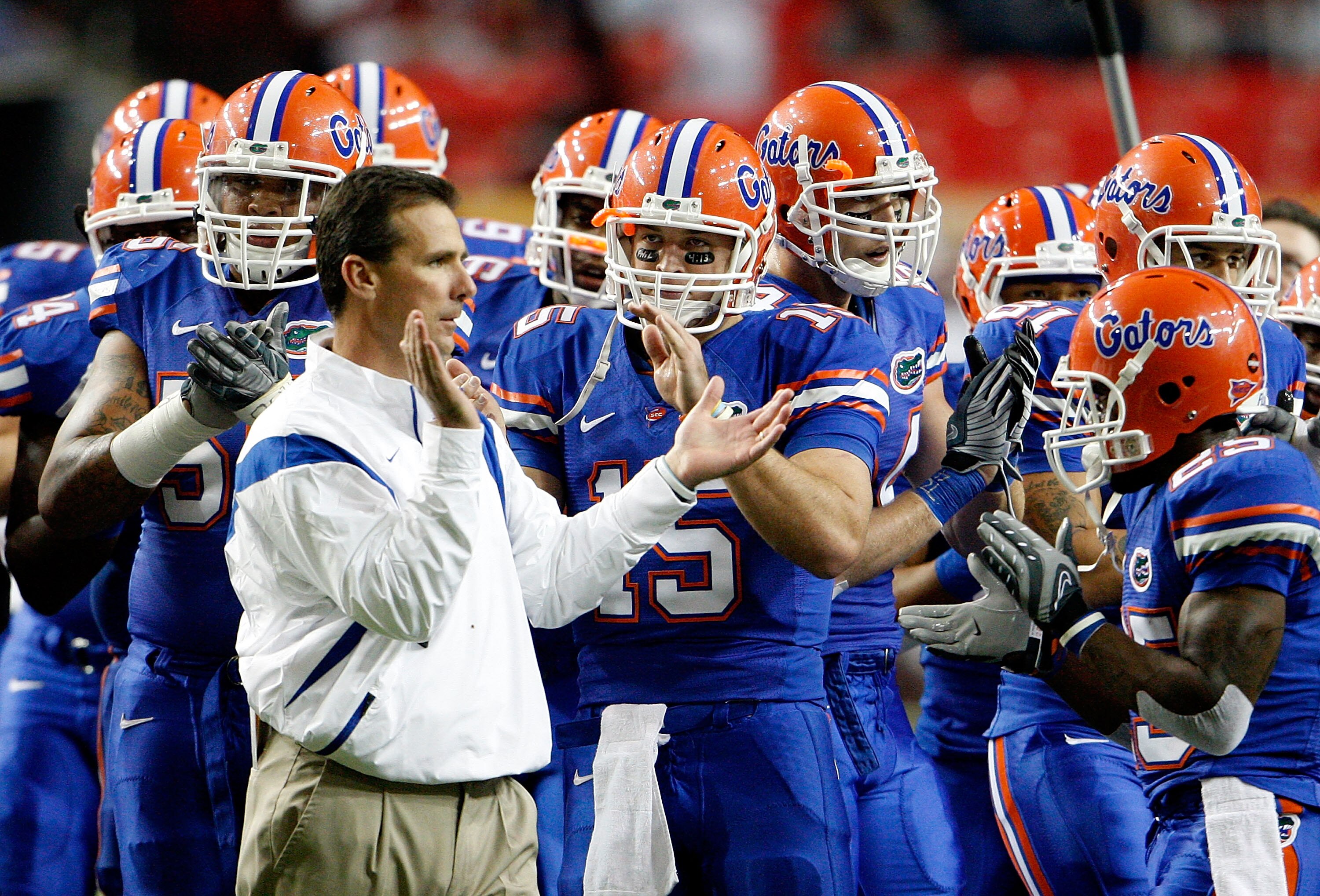 ATLANTA - DECEMBER 06:  Head coach Urban Meyer, quarterback Tim Tebow #15 and the Florida Gators prepare to face the Alabama Crimson Tide in the SEC Championship on December 6, 2008 at the Georgia Dome in Atlanta, Georgia.  (Photo by Kevin C. Cox/Getty Im