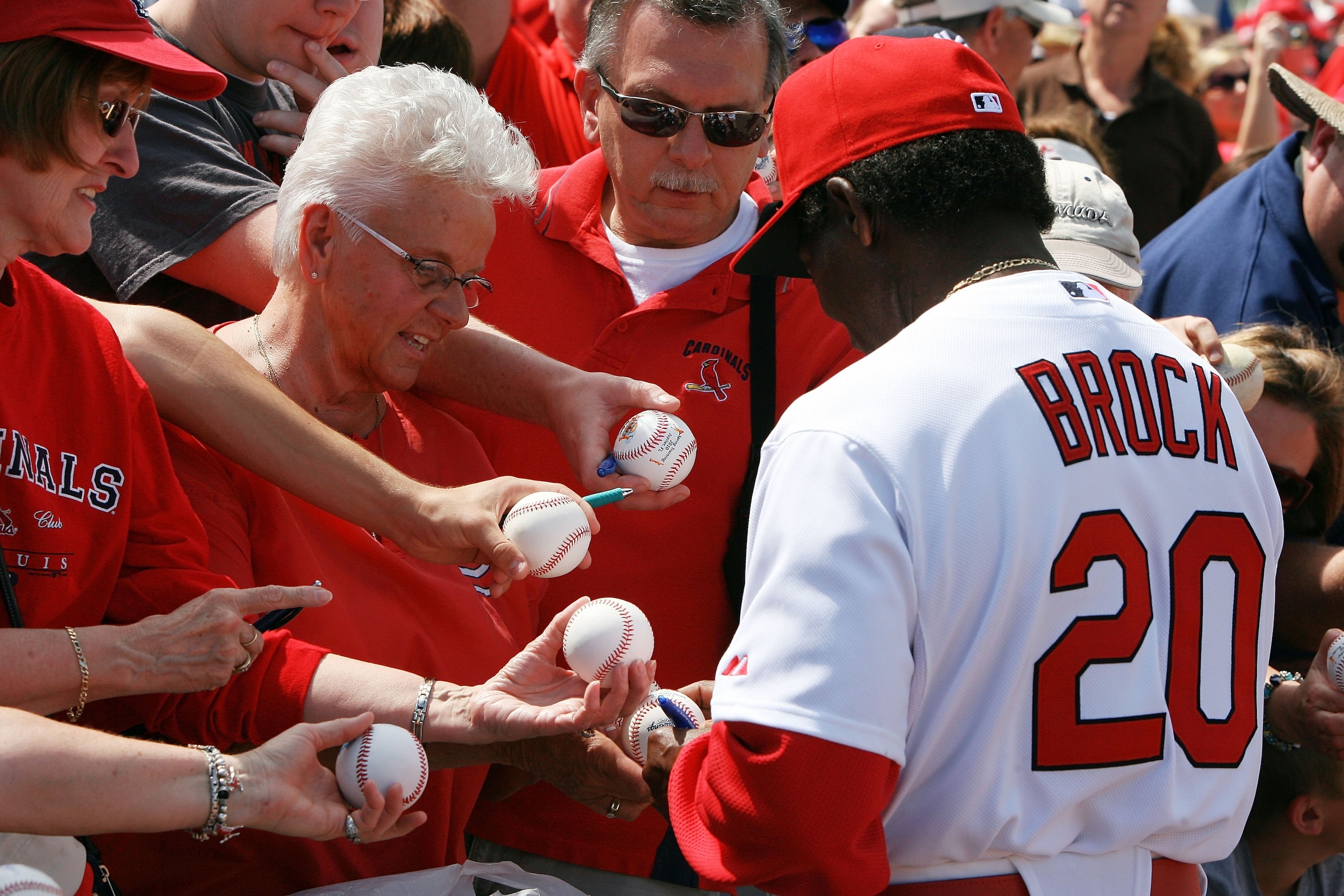 JUPITER, FL - MARCH 10: Hall-of-Famer Lou Brock #20 of the St Louis Cardinals signs autographs for fans before taking on the Washington Nationals at Roger Dean Stadium on March 10, 2010 in Jupiter, Florida. (Photo by Doug Benc/Getty Images) JUPITER, FL - MARCH 10: Hall-of-Famer Lou Brock #20 of the St Louis Cardinals signs autographs for fans before taking on the Washington Nationals at Roger Dean Stadium on March 10, 2010 in Jupiter, Florida. (Photo by Doug Benc/Getty Images)