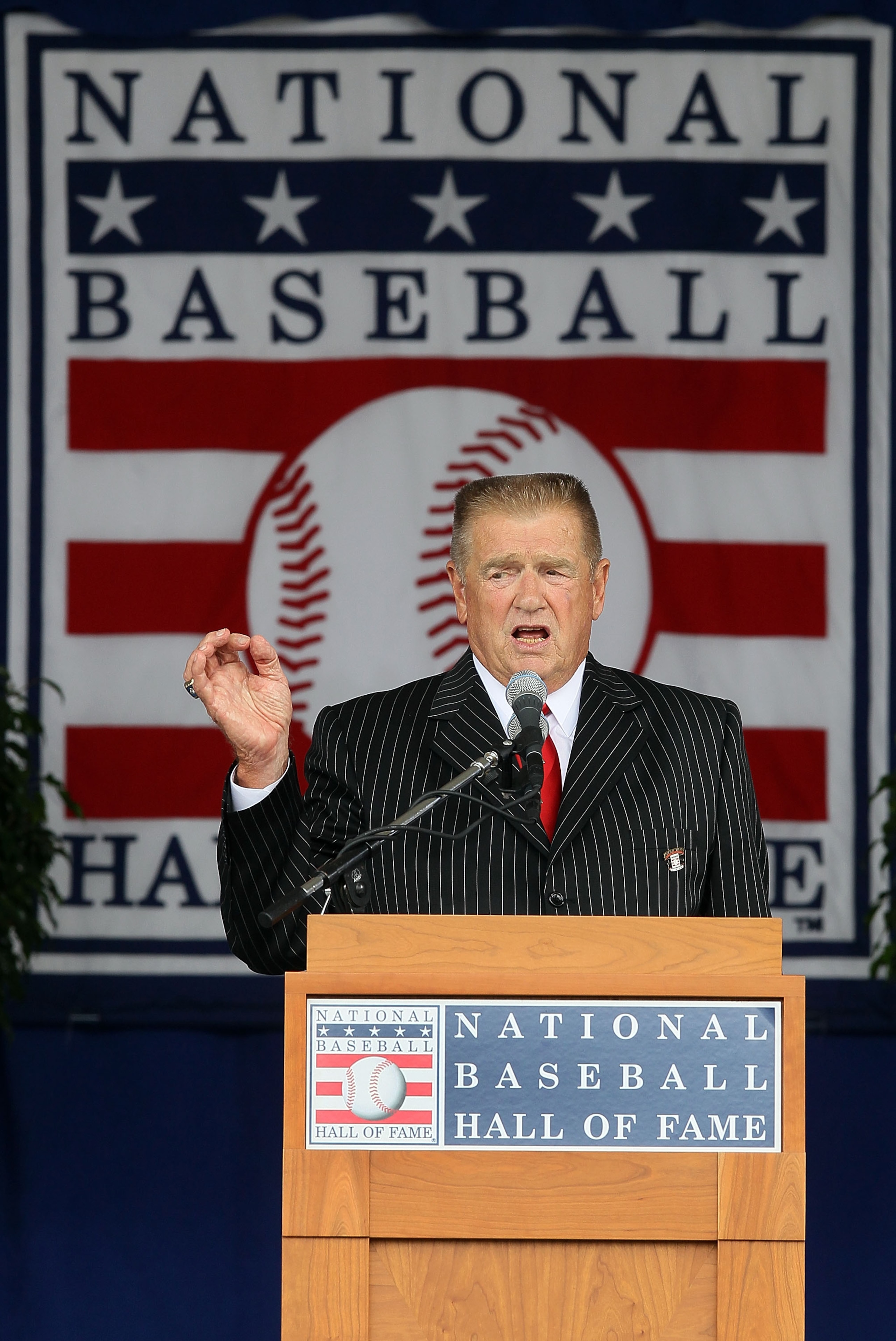 COOPERSTOWN, NY - JULY 25: 2010 inductee Whitey Herzog gives his speech at Clark Sports Center during the Baseball Hall of Fame induction ceremony on July 25, 20010 in Cooperstown, New York. Herzog served as manager for four teams and finished his career COOPERSTOWN, NY - JULY 25: 2010 inductee Whitey Herzog gives his speech at Clark Sports Center during the Baseball Hall of Fame induction ceremony on July 25, 20010 in Cooperstown, New York. Herzog served as manager for four teams and finished his career