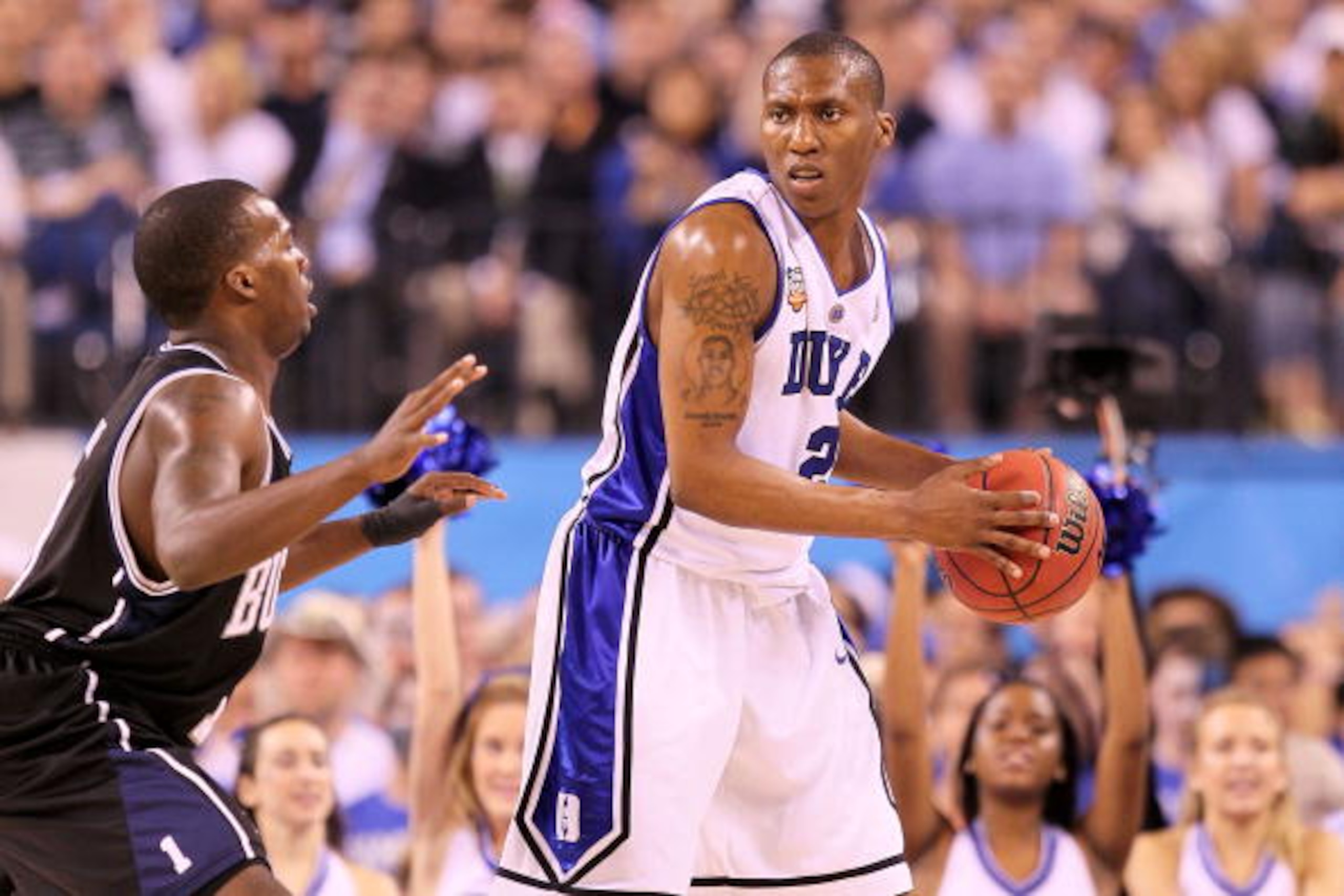 INDIANAPOLIS - APRIL 05: Nolan Smith #2 of the Duke Blue Devils looks to pass the ball against Shelvin Mack #1 of the Butler Bulldogs during the 2010 NCAA Division I Men's Basketball National Championship game at Lucas Oil Stadium on April 5, 2010 in Ind INDIANAPOLIS - APRIL 05: Nolan Smith #2 of the Duke Blue Devils looks to pass the ball against Shelvin Mack #1 of the Butler Bulldogs during the 2010 NCAA Division I Men's Basketball National Championship game at Lucas Oil Stadium on April 5, 2010 in Ind