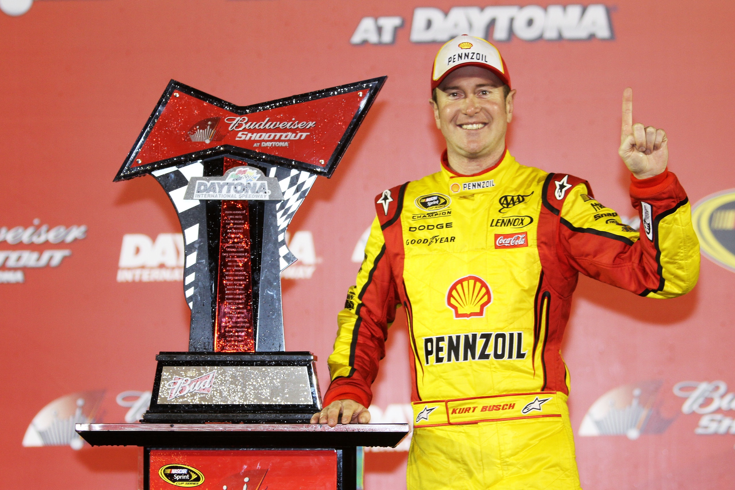 DAYTONA BEACH, FL - FEBRUARY 12:  Kurt Busch, driver of the #22 Shell/Pennzoil Dodge, poses in victory lane after winning the NASCAR Budweiser Shootout at Daytona International Speedway on February 12, 2011 in Daytona Beach, Florida.  (Photo by Jerry Mark