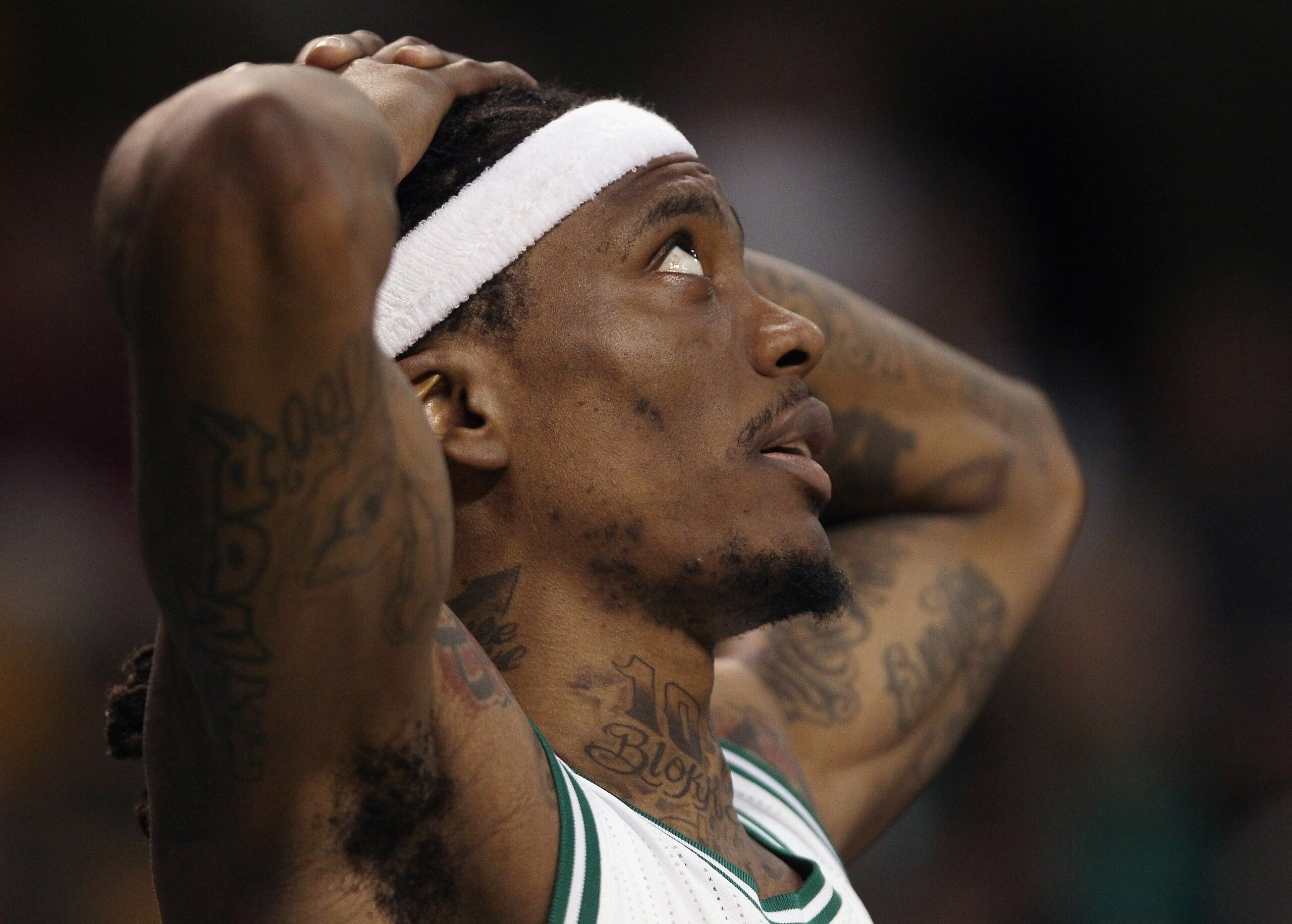 BOSTON, MA - JANUARY 10:  Marquis Daniels #8 of the Boston Celtics looks at the scoreboard at the end of the game against the Houston Rockets on January 10, 2011 at the TD Garden in Boston, Massachusetts.  The Rockets defeated the Celtics 108-102. NOTE TO