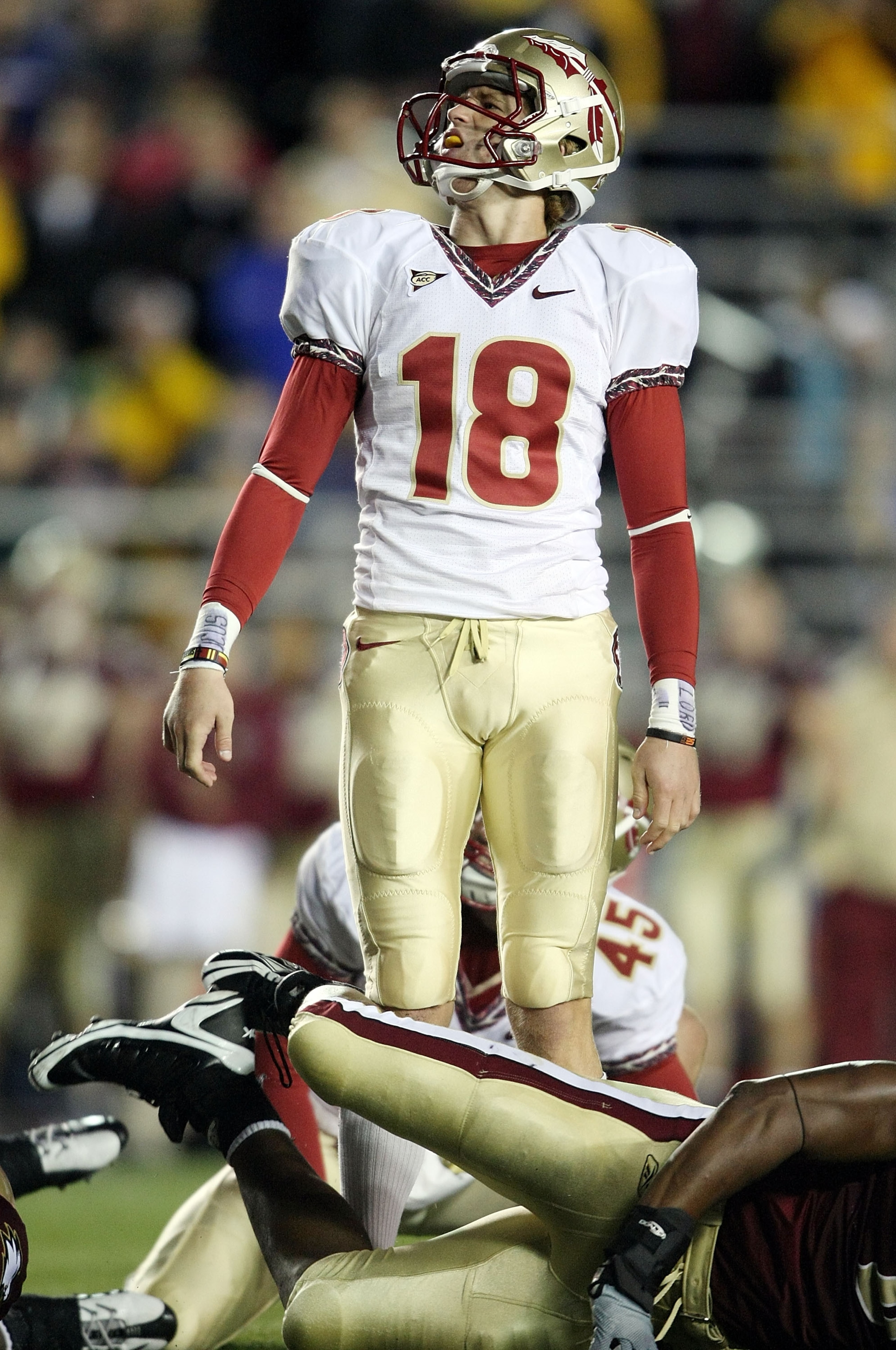 CHESTNUT HILL, MA - OCTOBER 03:  Dustin Hopkins #18 of the Florida State Seminoles reacts after missing a field goal in the fourth quarter against the Boston College Eagles on October 3, 2009 at Alumni Stadium in Chestnut Hill, Massachusetts. Boston Colle