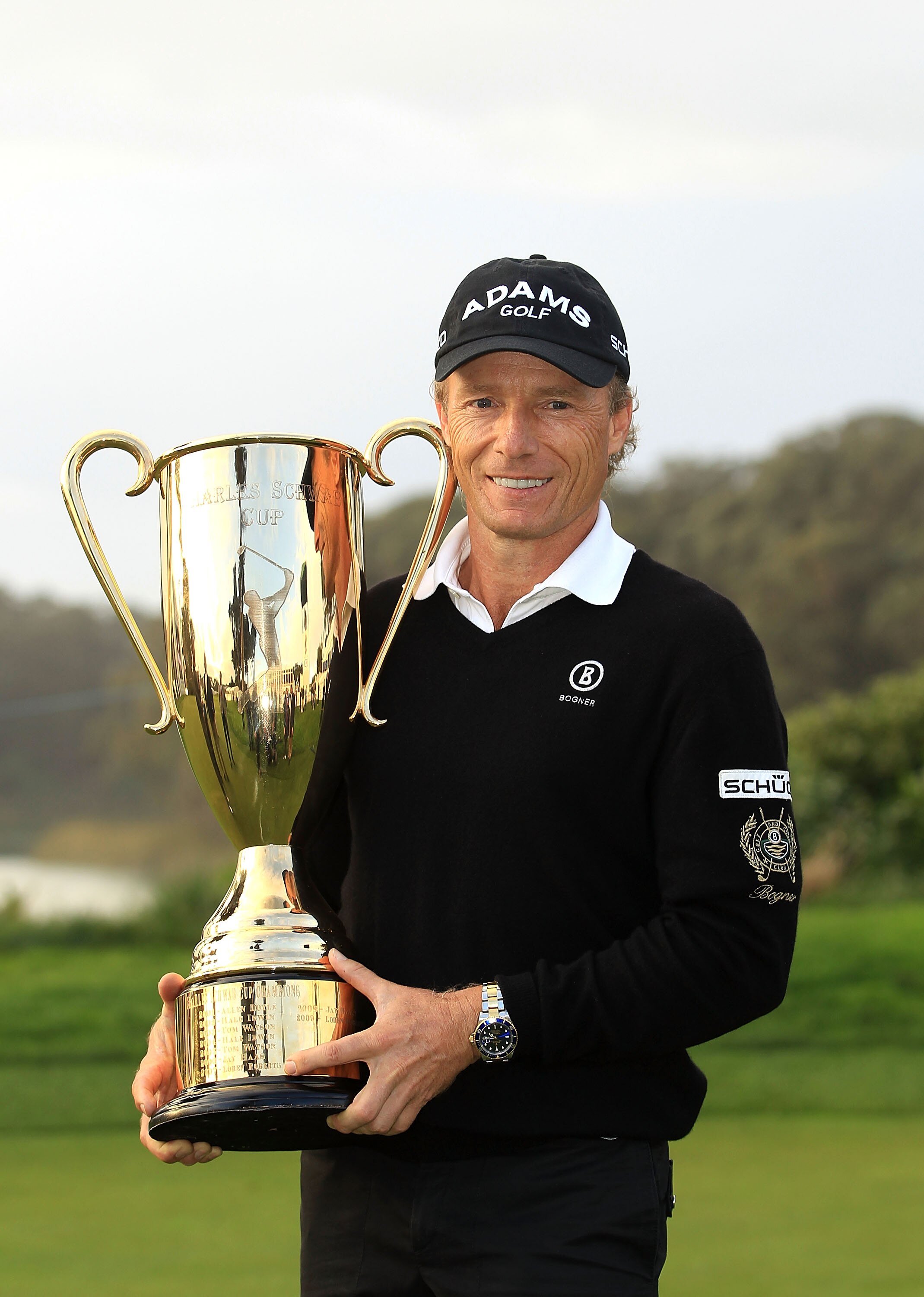 SAN FRANCISCO - NOVEMBER 07:  Bernhard Langer of Germany holds his trophy after being awarded the 2010 Charles Schwab Cup Champion following the Charles Schwab Cup Championhip at Harding Park Golf Course on November 7, 2010 in San Francisco, California.