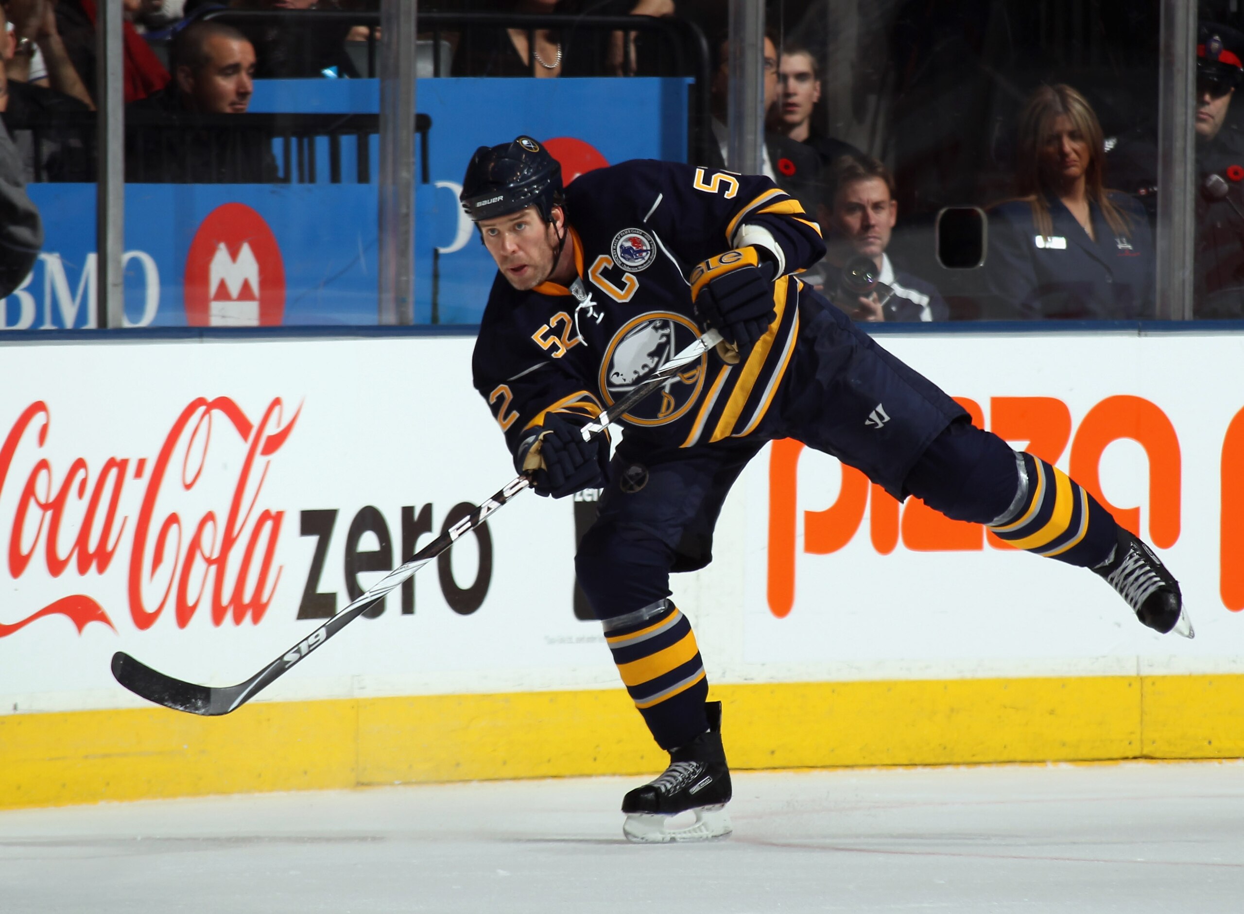 TORONTO, ON - NOVEMBER 06:  Craig Rivet #52 of the Buffalo Sabres skates against the Toronto Maple Leaf at the Air Canada Centre on November 6, 2010 in Toronto, Canada.  (Photo by Bruce Bennett/Getty Images)