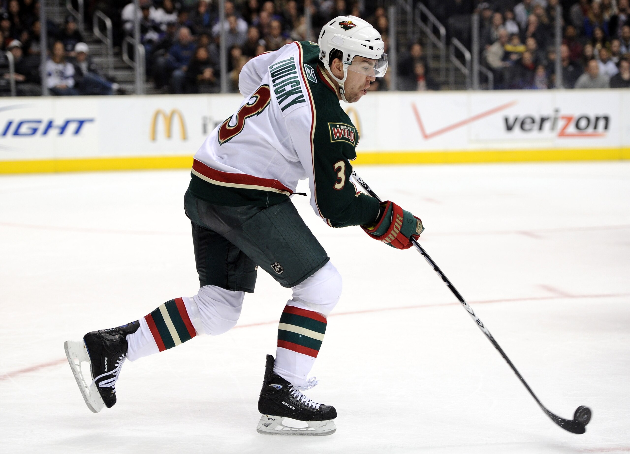 LOS ANGELES, CA - DECEMBER 11:  Marek Zidlicky #3 of the Minnesota Wild passes against the Los Angeles Kings at the Staples Center on December 11, 2010 in Los Angeles, California.  (Photo by Harry How/Getty Images)
