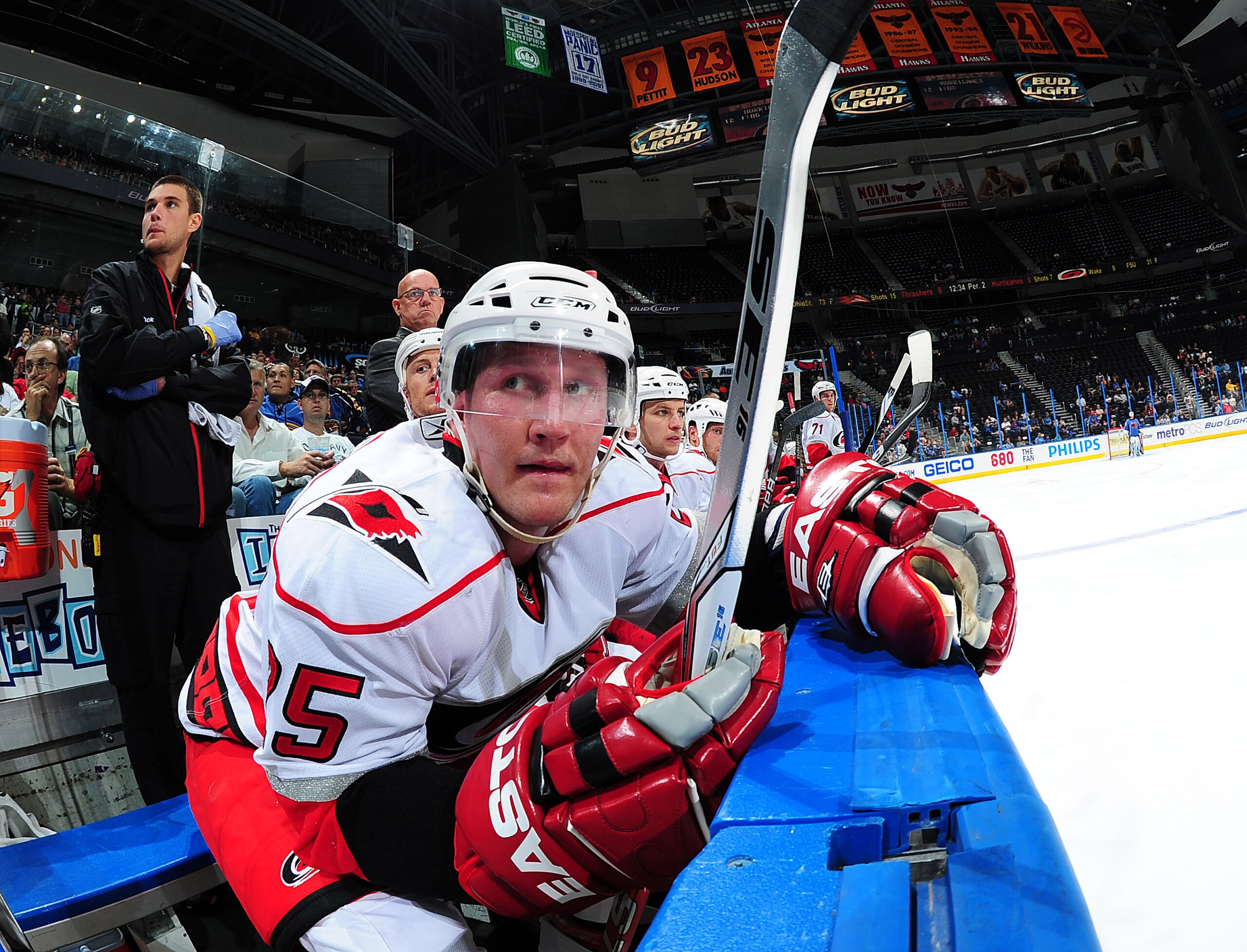 ATLANTA - SEPTEMBER 25: Joni Pitkanen #25 of the Carolina Hurricanes watches the action against the Atlanta Thrashers at Philips Arena on September 25, 2010 in Atlanta, Georgia. (Photo by Scott Cunningham/Getty Images)
