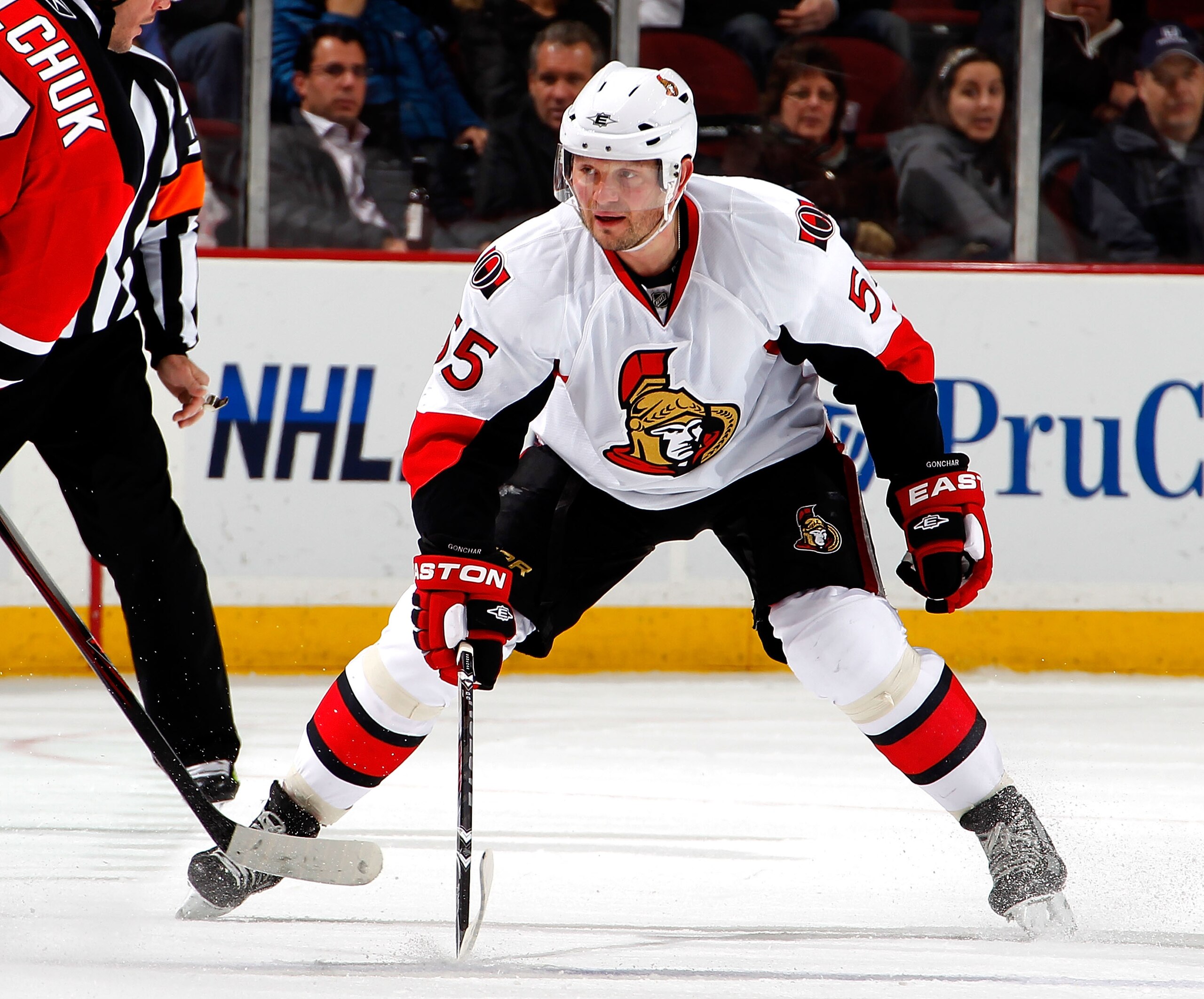 NEWARK, NJ - FEBRUARY 01:  Sergei Gonchar #55 of the Ottawa Senators skates in an NHL hockey game against the New Jersey Devils at the Prudential Center on February 1, 2011 in Newark, New Jersey.  (Photo by Paul Bereswill/Getty Images)