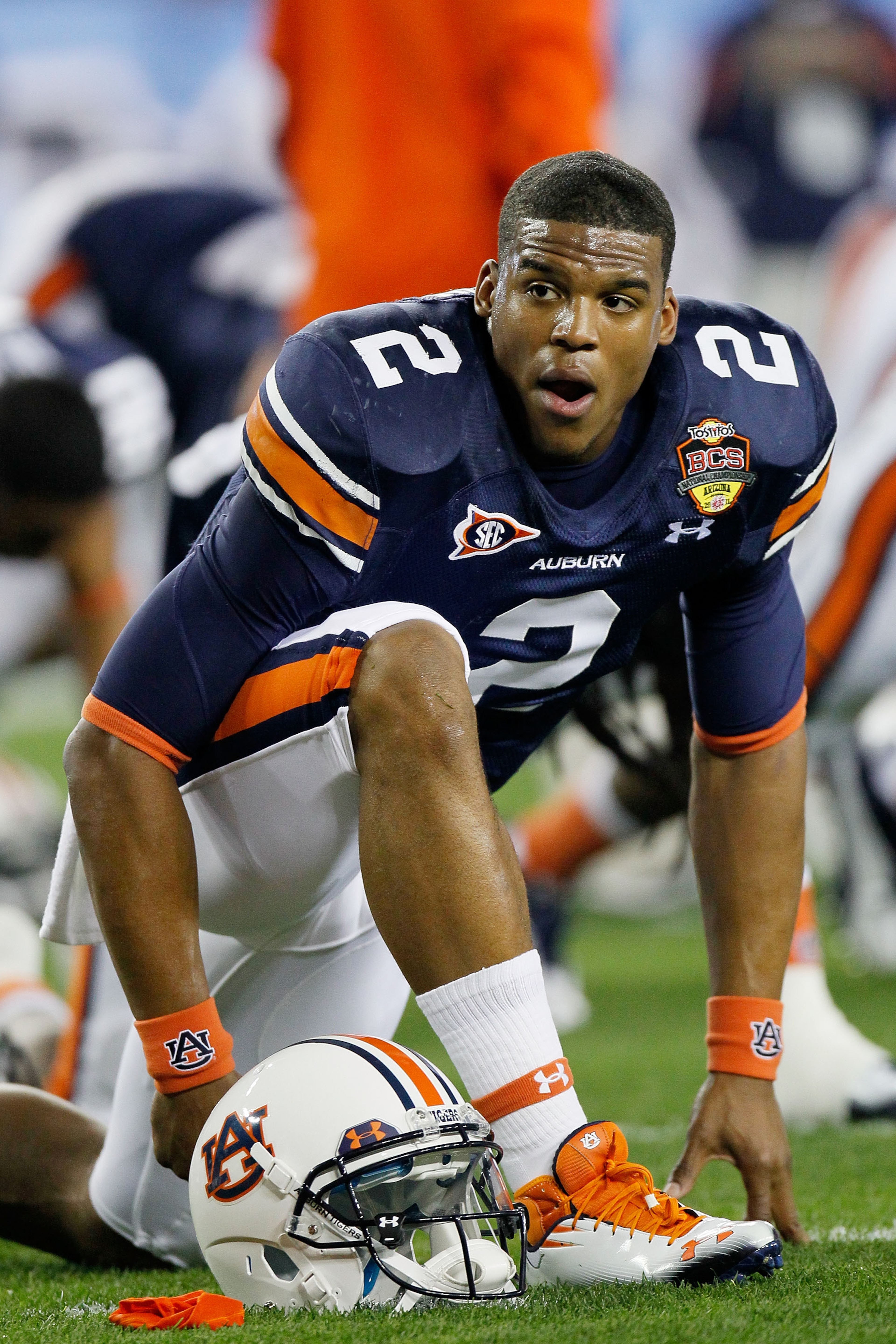 GLENDALE, AZ - JANUARY 10:  Cameron Newton #2 of the Auburn Tigers reacts during their game against the Oregon Ducks during the Tostitos BCS National Championship Game at University of Phoenix Stadium on January 10, 2011 in Glendale, Arizona.  (Photo by K