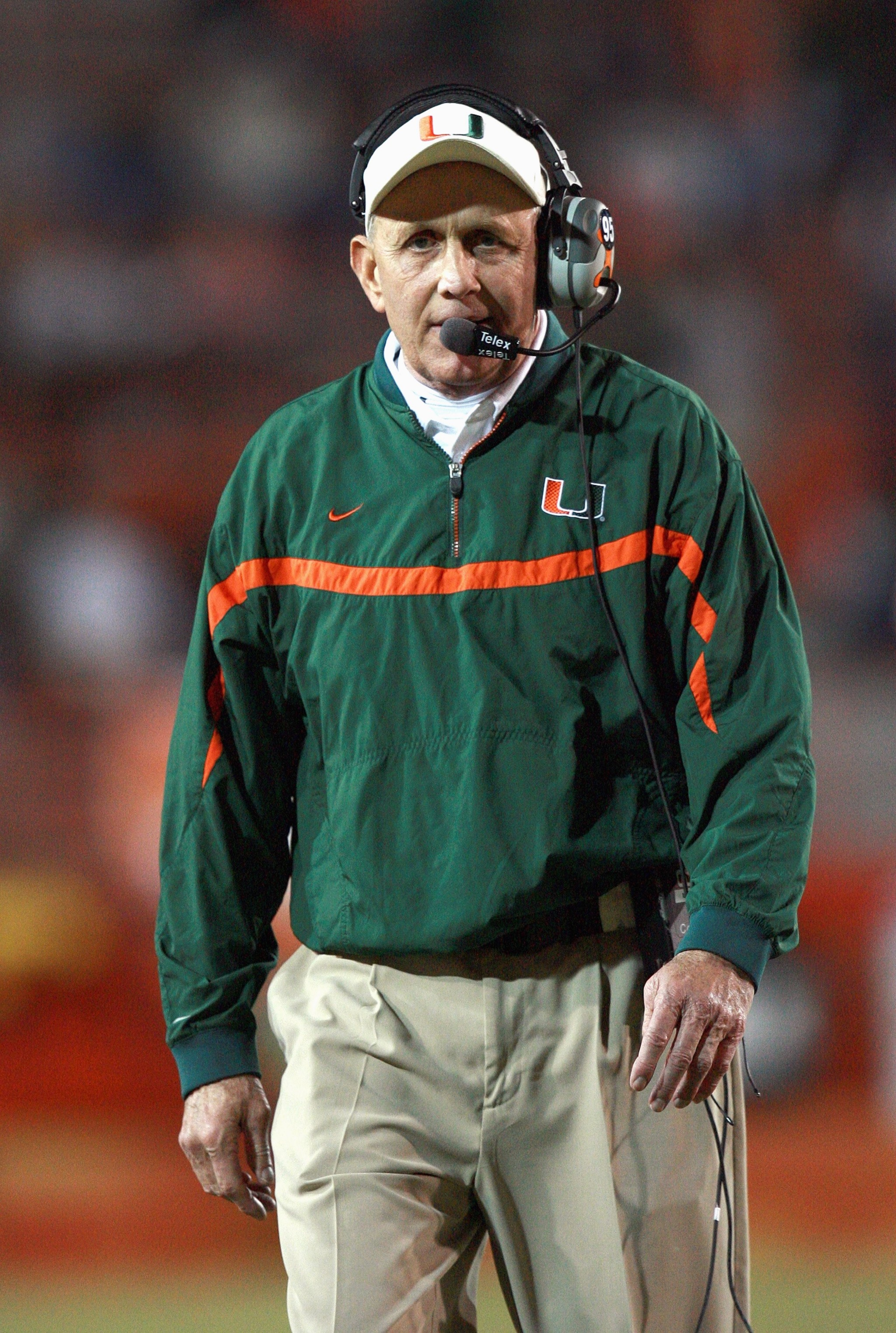 MIAMI - NOVEMBER 23:  Head coach Larry Coker of the University of Miami Hurricanes walks on the field during the game against the Boston College Golden Eagles at the Orange Bowl Stadium on November 23, 2006 in Miami, Florida. Miami defeated Boston College