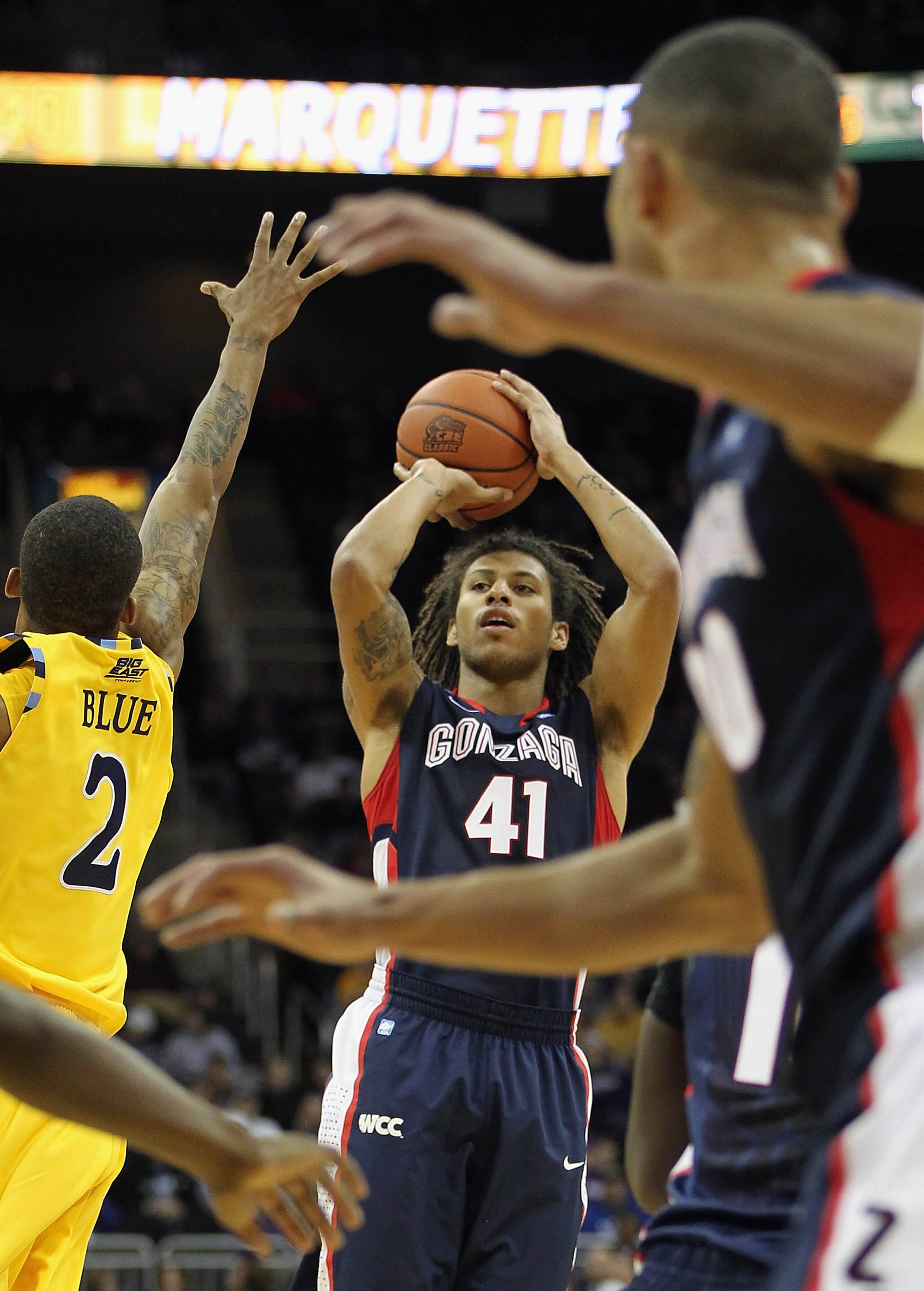 KANSAS CITY, MO - NOVEMBER 23:  Stephen Gray #41 of the Gonzaga Bulldogs shoots during the CBE Classic consolation game against the Marquette Golden Eagles on November 23, 2010 at the Sprint Center in Kansas City, Missouri.  (Photo by Jamie Squire/Getty I