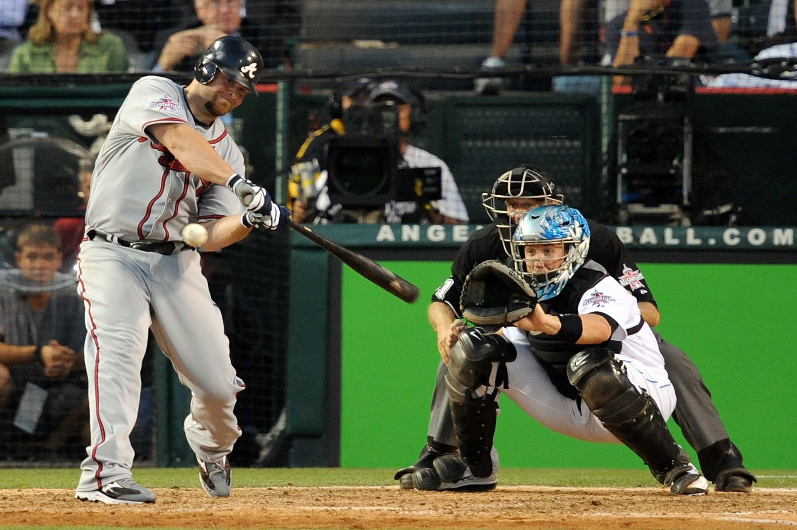 ANAHEIM, CA - JULY 13:  National League All-Star Brian McCann #16 of the Atlanta Braves hits a three run double in the seventh inning during the 81st MLB All-Star Game at Angel Stadium of Anaheim on July 13, 2010 in Anaheim, California.  (Photo by Lisa Bl