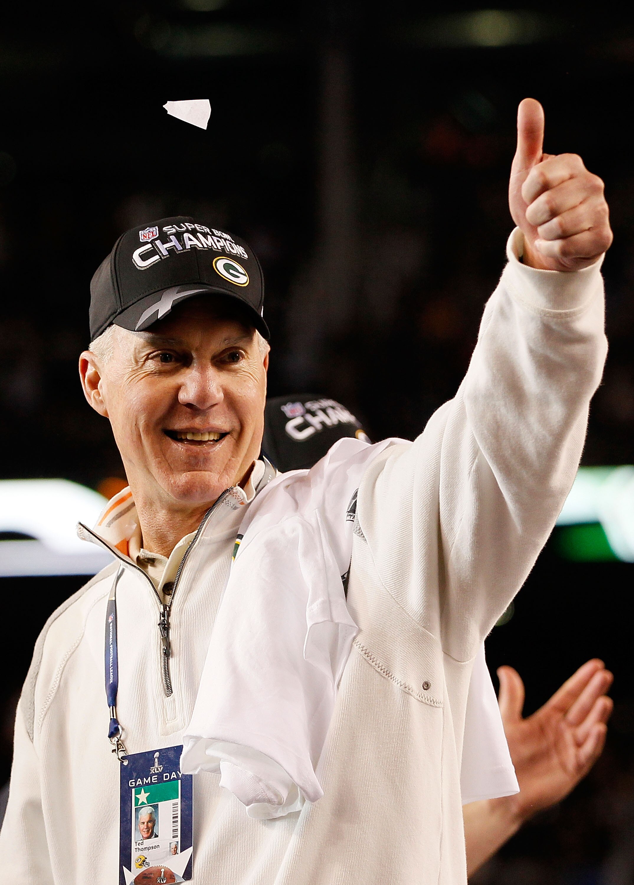 ARLINGTON, TX - FEBRUARY 06:  Green Bay Packers General Manager Ted Thompson celebrates after winning Super Bowl XLV 31-25 against the Pittsburgh Steelers at Cowboys Stadium on February 6, 2011 in Arlington, Texas.  (Photo by Kevin C. Cox/Getty Images)