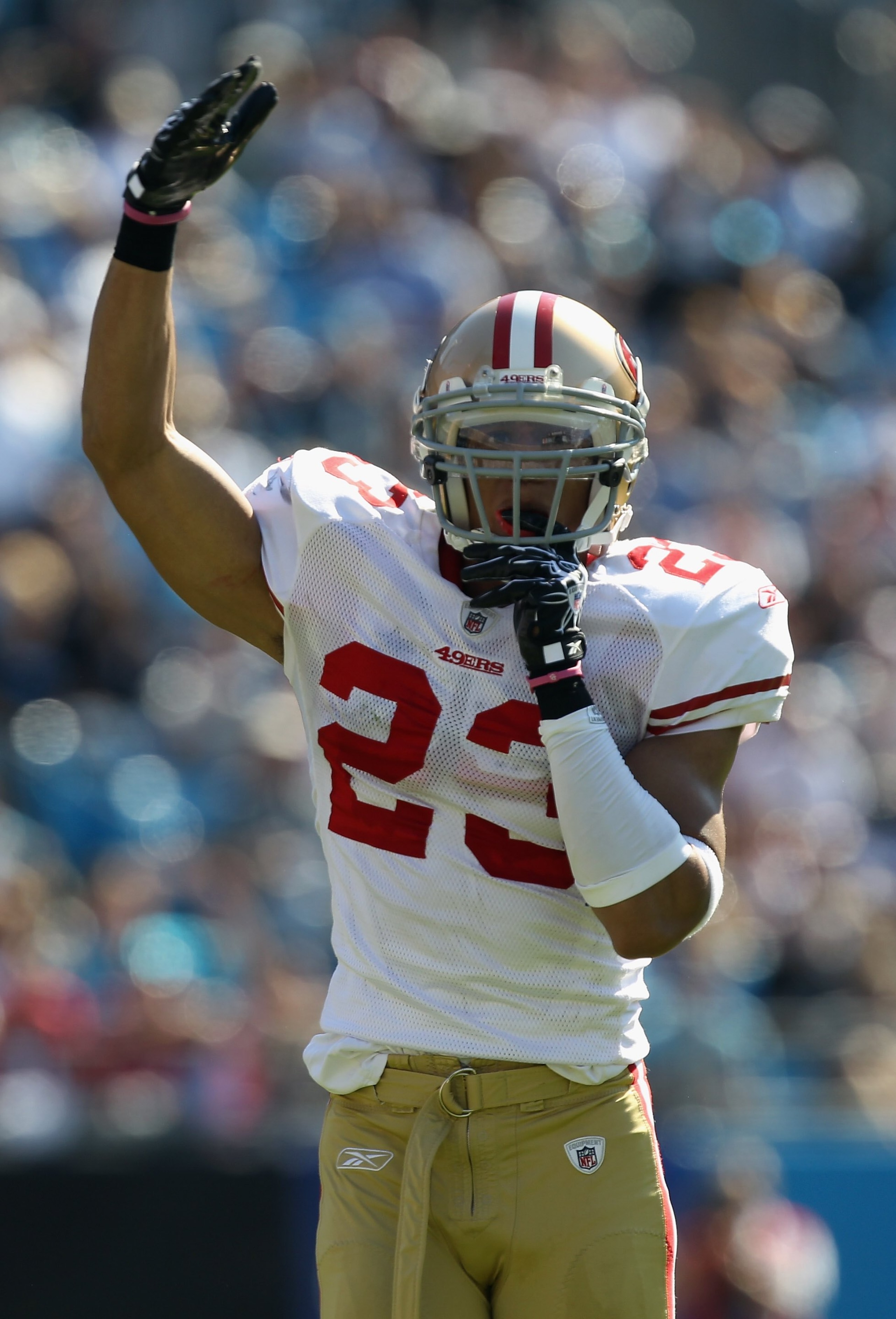 CHARLOTTE, NC - OCTOBER 24:  Taylor Mays #23 of the San Francisco 49ers against the Carolina Panthers during their game at Bank of America Stadium on October 24, 2010 in Charlotte, North Carolina.  (Photo by Streeter Lecka/Getty Images)