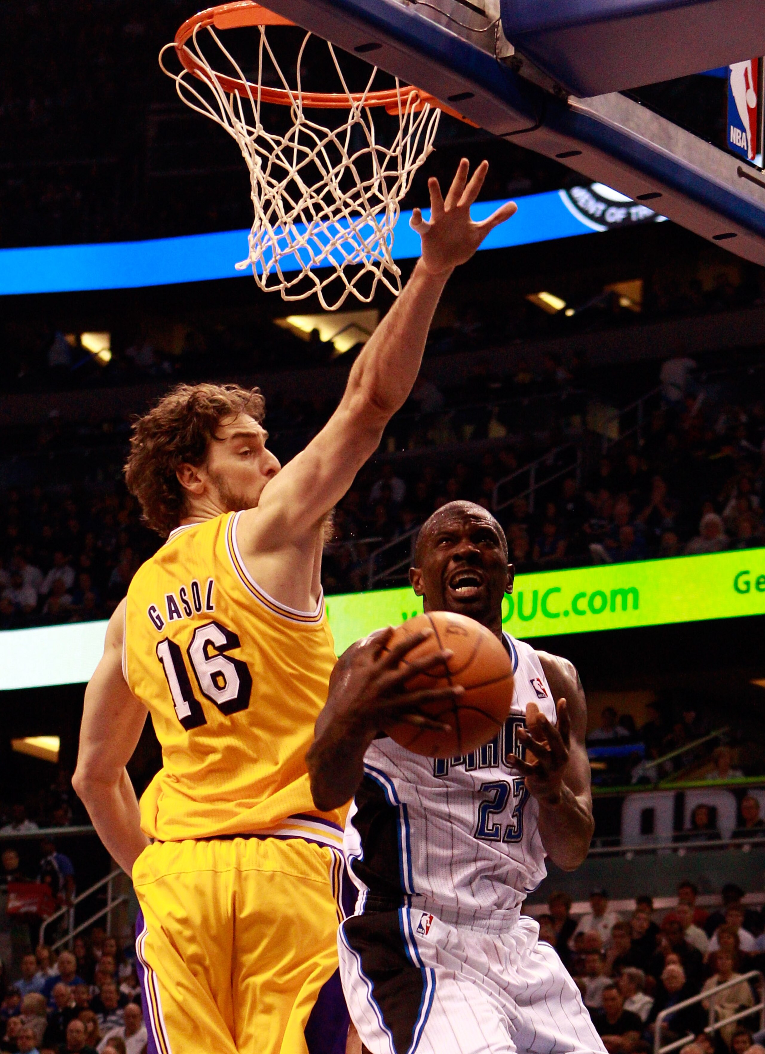 ORLANDO, FL - FEBRUARY 13:  Jason Richardson #23 of the Orlando Magic attempts a shot against Pau Gasol #16 of the Los Angeles Lakers during the game at Amway Arena on February 13, 2011 in Orlando, Florida.  NOTE TO USER: User expressly acknowledges and a