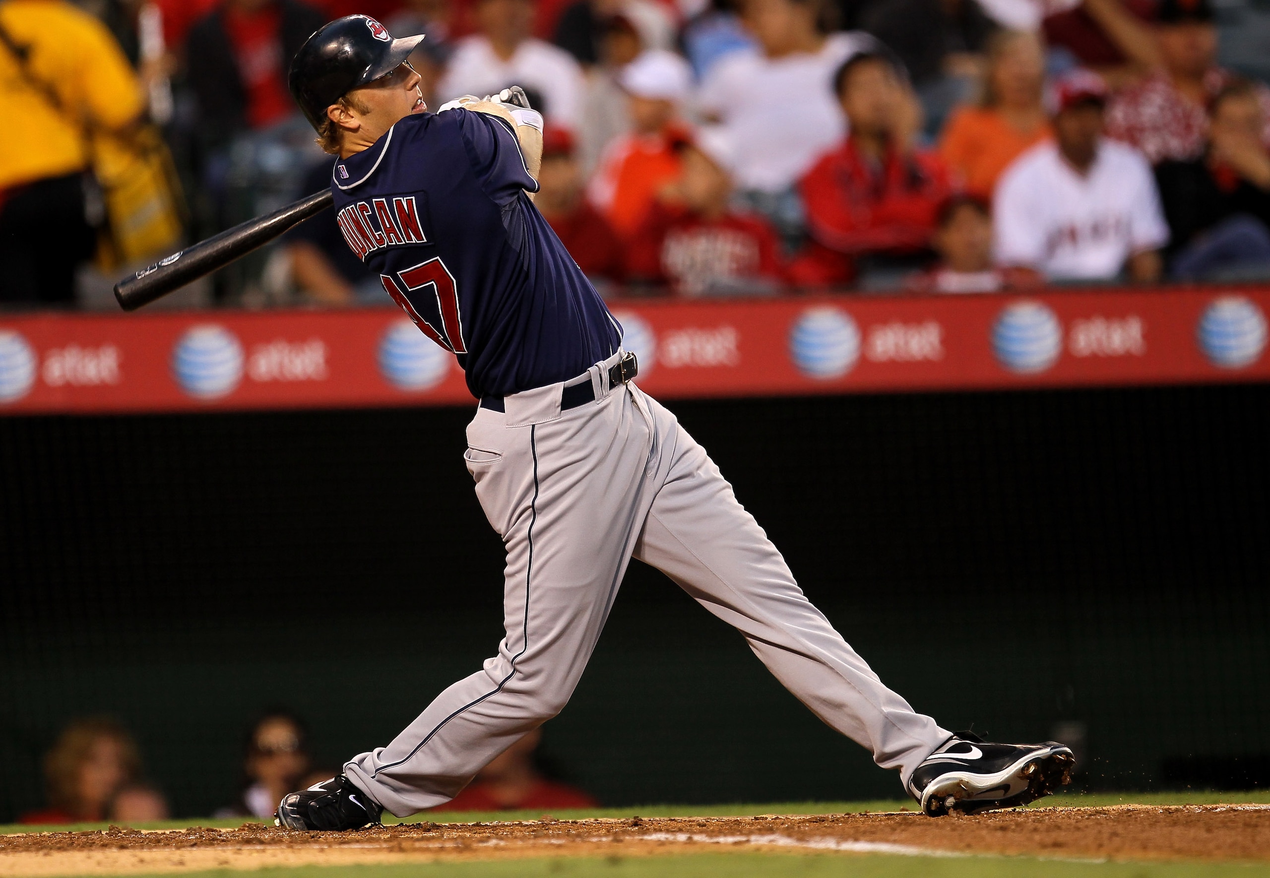 ANAHEIM, CA - SEPTEMBER 6: Shelley Duncan #47 of the Cleveland Indians bats in a run with a sacrifice fly in the fourth inning against the Los Angeles Angels of Anaheim on September 6, 2010 at Angel Stadium in Anaheim, California.  (Photo by Stephen Dunn/