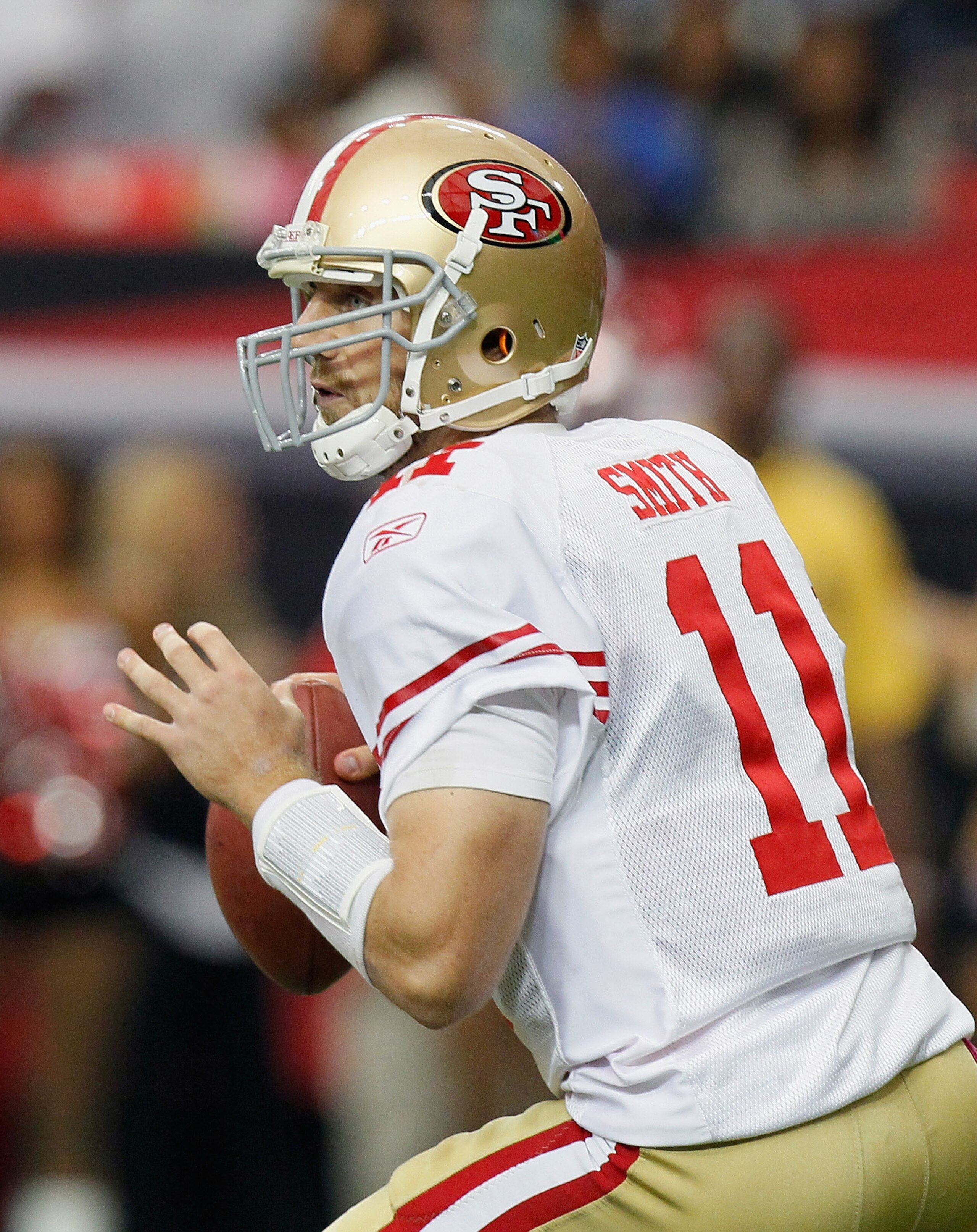 ATLANTA - OCTOBER 03:  Quarterback Alex Smith #11 of the San Francisco 49ers against the Atlanta Falcons at Georgia Dome on October 3, 2010 in Atlanta, Georgia.  (Photo by Kevin C. Cox/Getty Images)