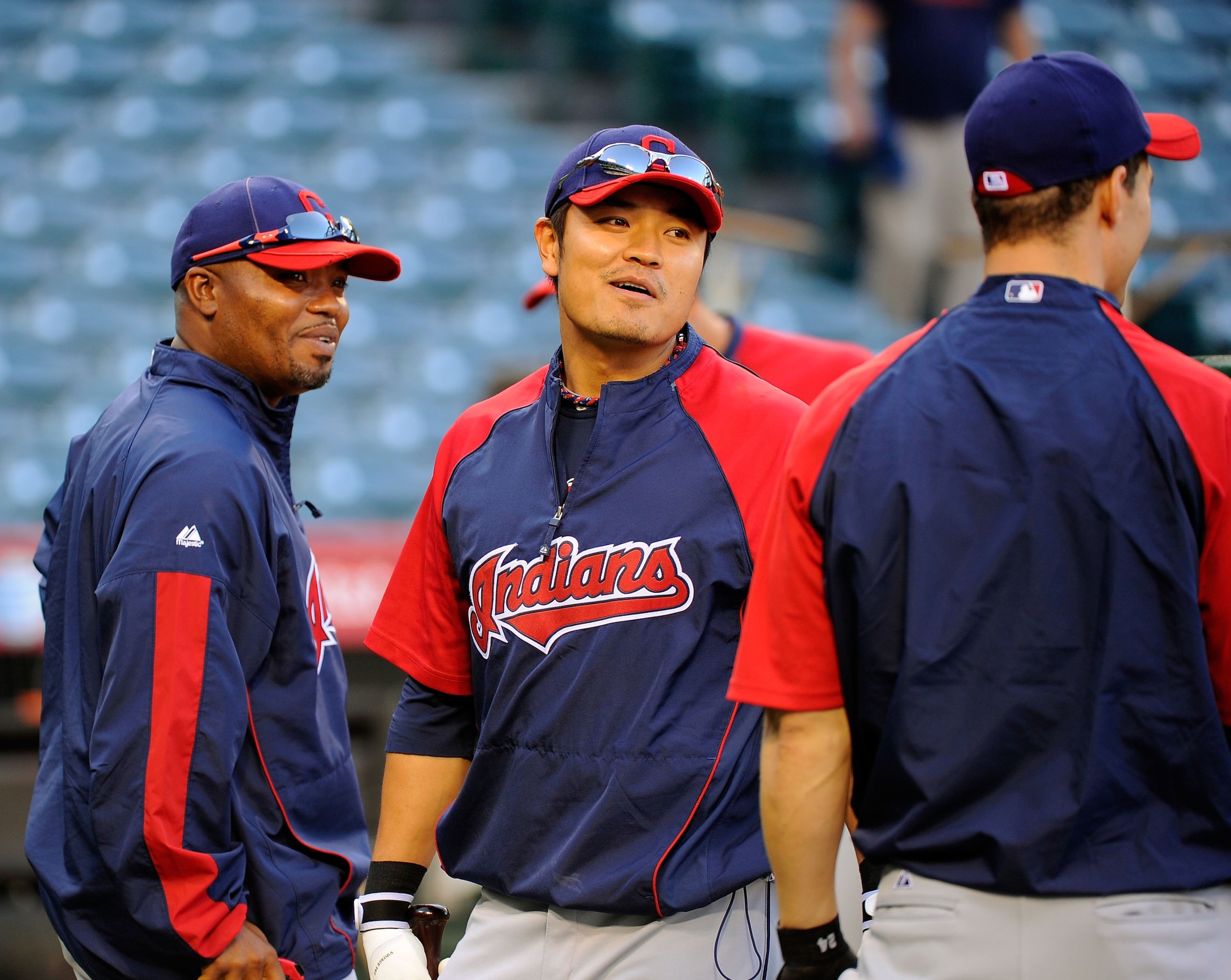 ANAHEIM, CA - APRIL 26:  Shin-Soo Choo #17 Korean right fielder of the Cleveland Indians during batting practice before the start of the baseball game against Los Angeles Angels of Anaheim on April 26, 2010 at Angel Stadium in Anaheim, California.  (Photo
