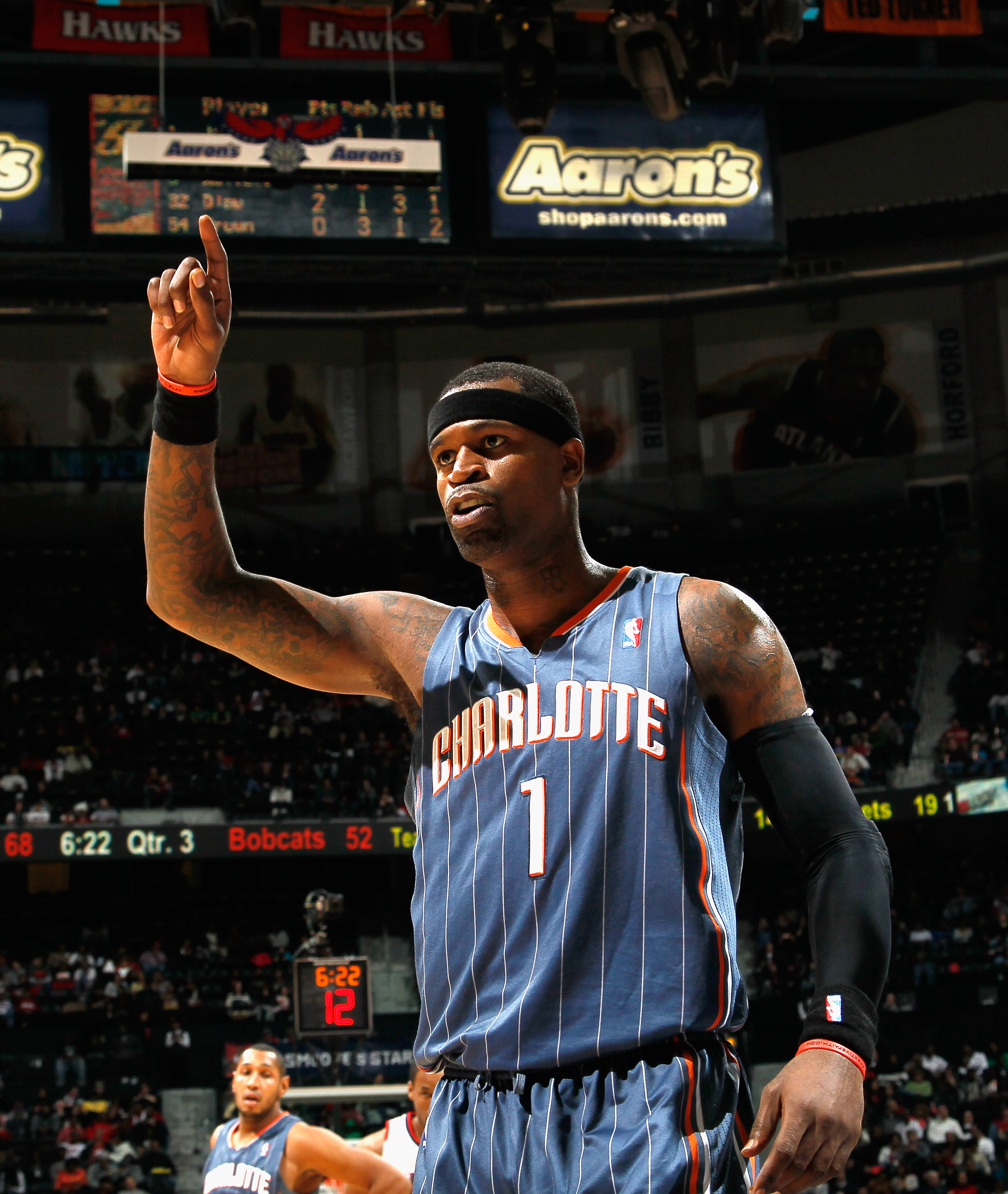 ATLANTA, GA - FEBRUARY 12:  Stephen Jackson #1 of the Charlotte Bobcats reacts after being called for a foul against the Atlanta Hawks at Philips Arena on February 12, 2011 in Atlanta, Georgia.  NOTE TO USER: User expressly acknowledges and agrees that, b