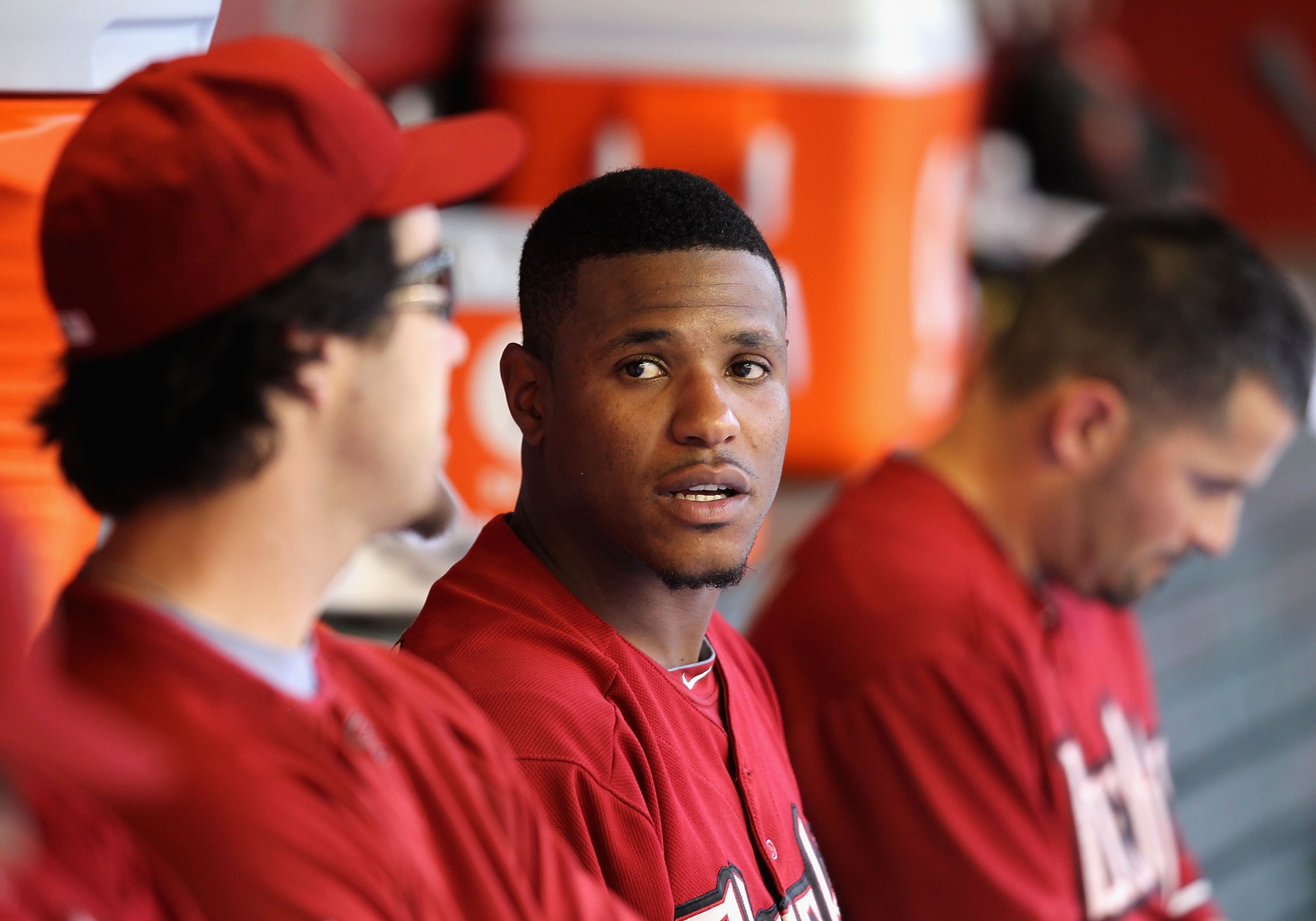 PHOENIX - APRIL 11:  Edwin Jackson #36 of the Arizona Diamondbacks sits in the dugout during the major league baseball game against the Pittsburgh Pirates at Chase Field on April 11, 2010 in Phoenix, Arizona. The Diamondbacks defeated the Pirates 15-6.  (