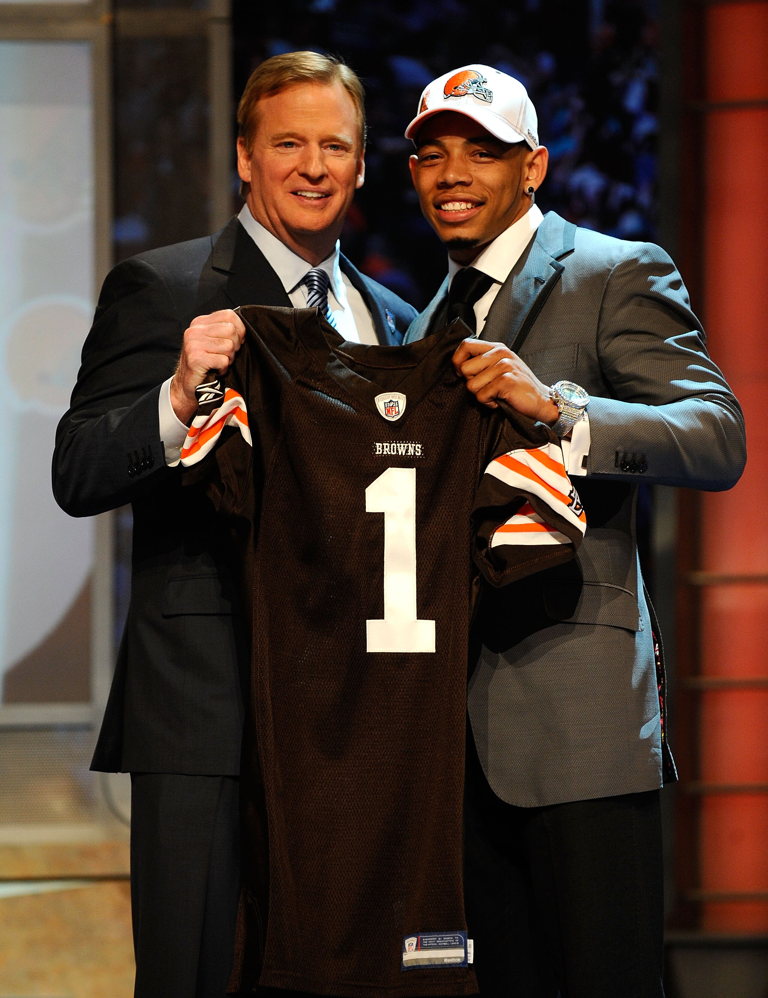 NEW YORK - APRIL 22:  Joe Haden (R) from the Florida Gators poses with NFL Commissioner Roger Goodell as they hold up a Cleveland Browns jersey after he was selected #7 overall by the Browns during the first round of the 2010 NFL Draft at Radio City Music