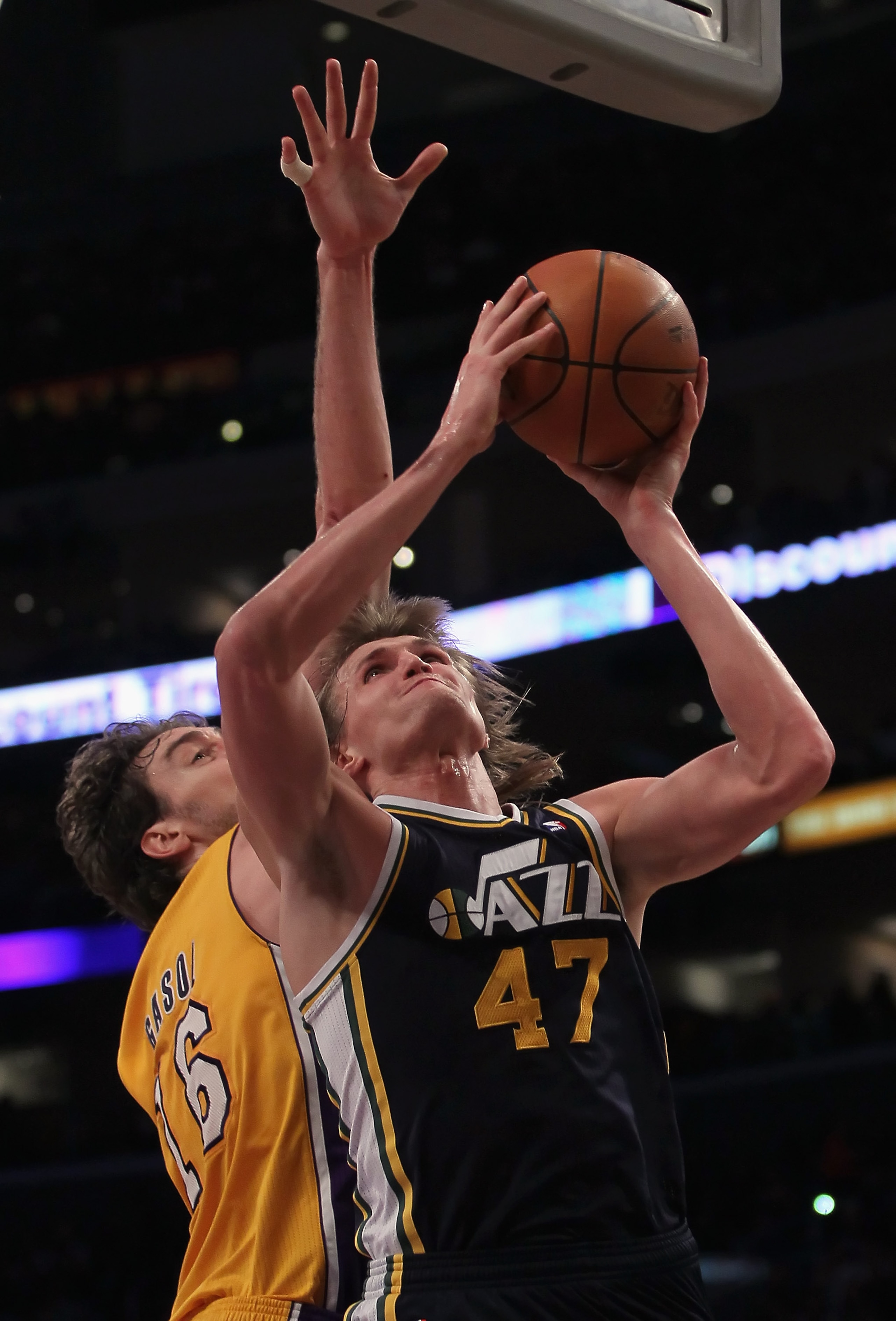 LOS ANGELES, CA - JANUARY 25: Andrei Kirilenko #47 of the Utah Jazz drives to the basket past Pau Gasol #16 of the Los Angeles Lakers in the first half at Staples Center on January 25, 2011 in Los Angeles, California. NOTE TO USER: User expressly acknowl LOS ANGELES, CA - JANUARY 25: Andrei Kirilenko #47 of the Utah Jazz drives to the basket past Pau Gasol #16 of the Los Angeles Lakers in the first half at Staples Center on January 25, 2011 in Los Angeles, California. NOTE TO USER: User expressly acknowl