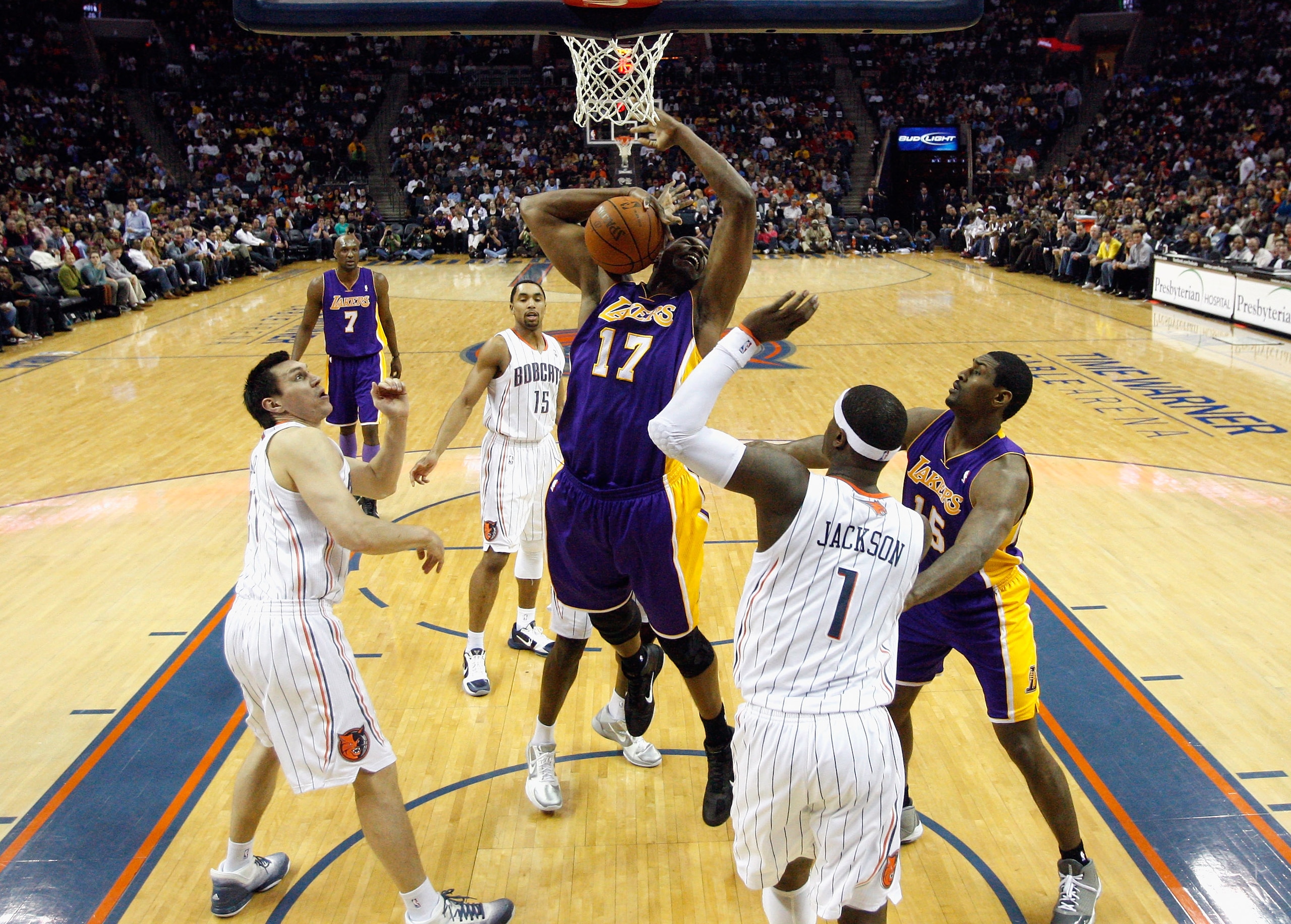 CHARLOTTE, NC - FEBRUARY 14: Andrew Bynum #17 of the Los Angeles Lakers has the ball knocked away by the Charlotte Bobcats during their game at Time Warner Cable Arena on February 14, 2011 in Charlotte, North Carolina. NOTE TO USER: User expressly acknow CHARLOTTE, NC - FEBRUARY 14: Andrew Bynum #17 of the Los Angeles Lakers has the ball knocked away by the Charlotte Bobcats during their game at Time Warner Cable Arena on February 14, 2011 in Charlotte, North Carolina. NOTE TO USER: User expressly acknow