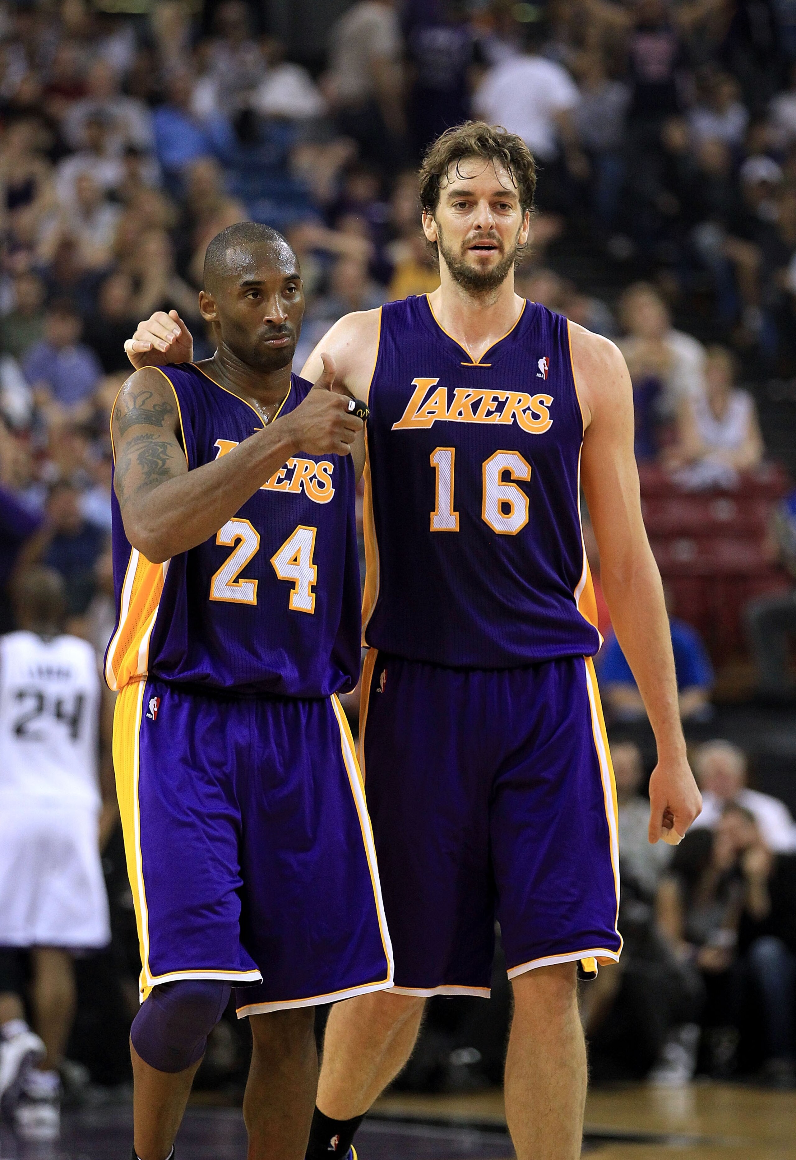 SACRAMENTO, CA - NOVEMBER 03: Kobe Bryant #24 and Pau Gasol #16 of the Los Angeles Lakers walk off the court for halftime after the Lakers made a last second shot against the Sacramento Kings at ARCO Arena on November 3, 2010 in Sacramento, California. SACRAMENTO, CA - NOVEMBER 03: Kobe Bryant #24 and Pau Gasol #16 of the Los Angeles Lakers walk off the court for halftime after the Lakers made a last second shot against the Sacramento Kings at ARCO Arena on November 3, 2010 in Sacramento, California.