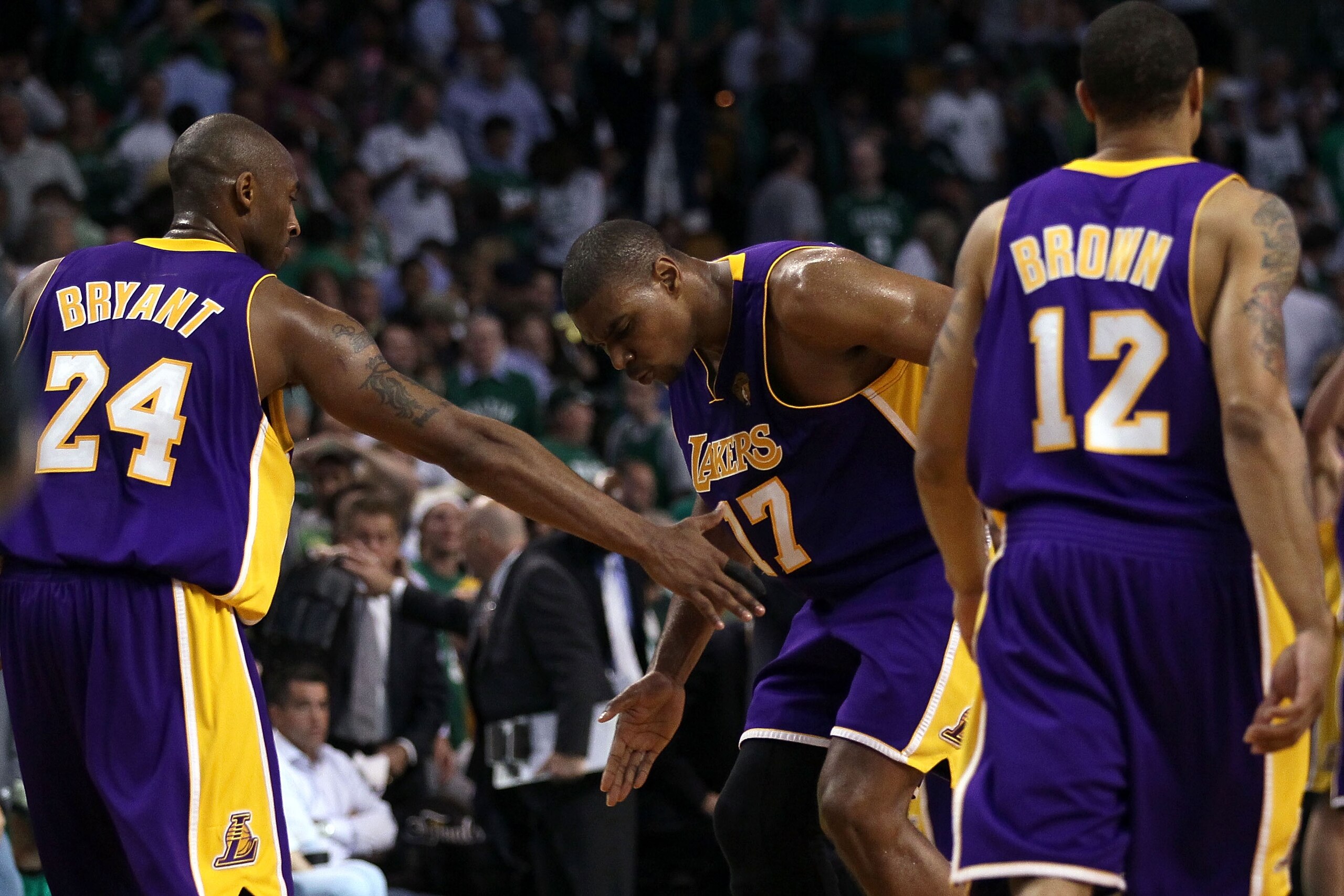 BOSTON - JUNE 08: Andrew Bynum #17 of the Los Angeles Lakers celebrates a play in the third quarter with teammates Kobe Bryant #24 and Shannon Brown #12 of the Boston Celtics in Game Three of the 2010 NBA Finals on June 8, 2010 at TD Garden in Boston, Ma BOSTON - JUNE 08: Andrew Bynum #17 of the Los Angeles Lakers celebrates a play in the third quarter with teammates Kobe Bryant #24 and Shannon Brown #12 of the Boston Celtics in Game Three of the 2010 NBA Finals on June 8, 2010 at TD Garden in Boston, Ma