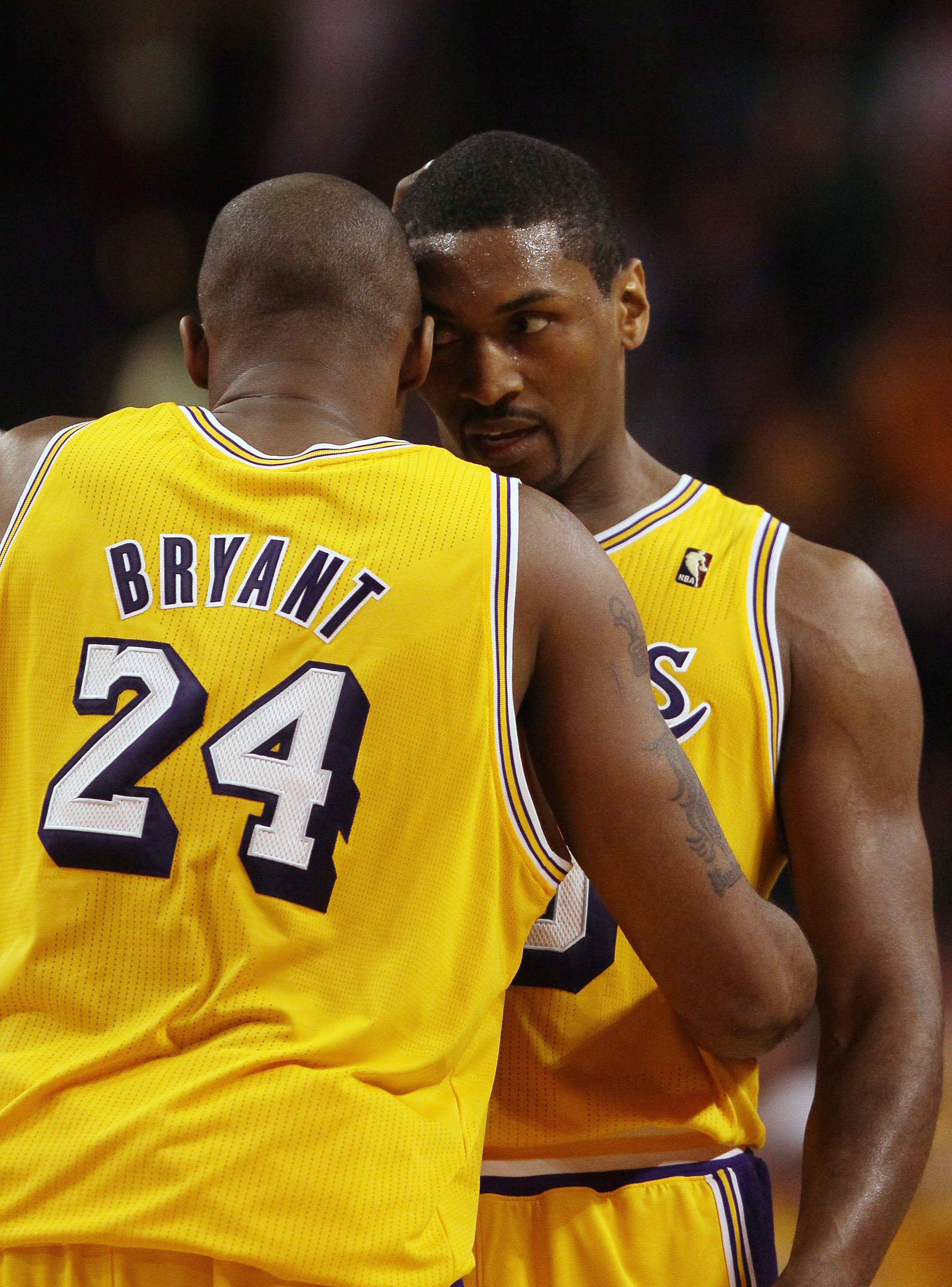 BOSTON, MA - FEBRUARY 10:  Ron Artest #15 and Kobe Bryant #24 of the Los Angeles Lakers talk during a stop in play in the second half against the Boston Celtics on February 10, 2011 at the TD Garden in Boston, Massachusetts.  The Lakers defeated the Celti
