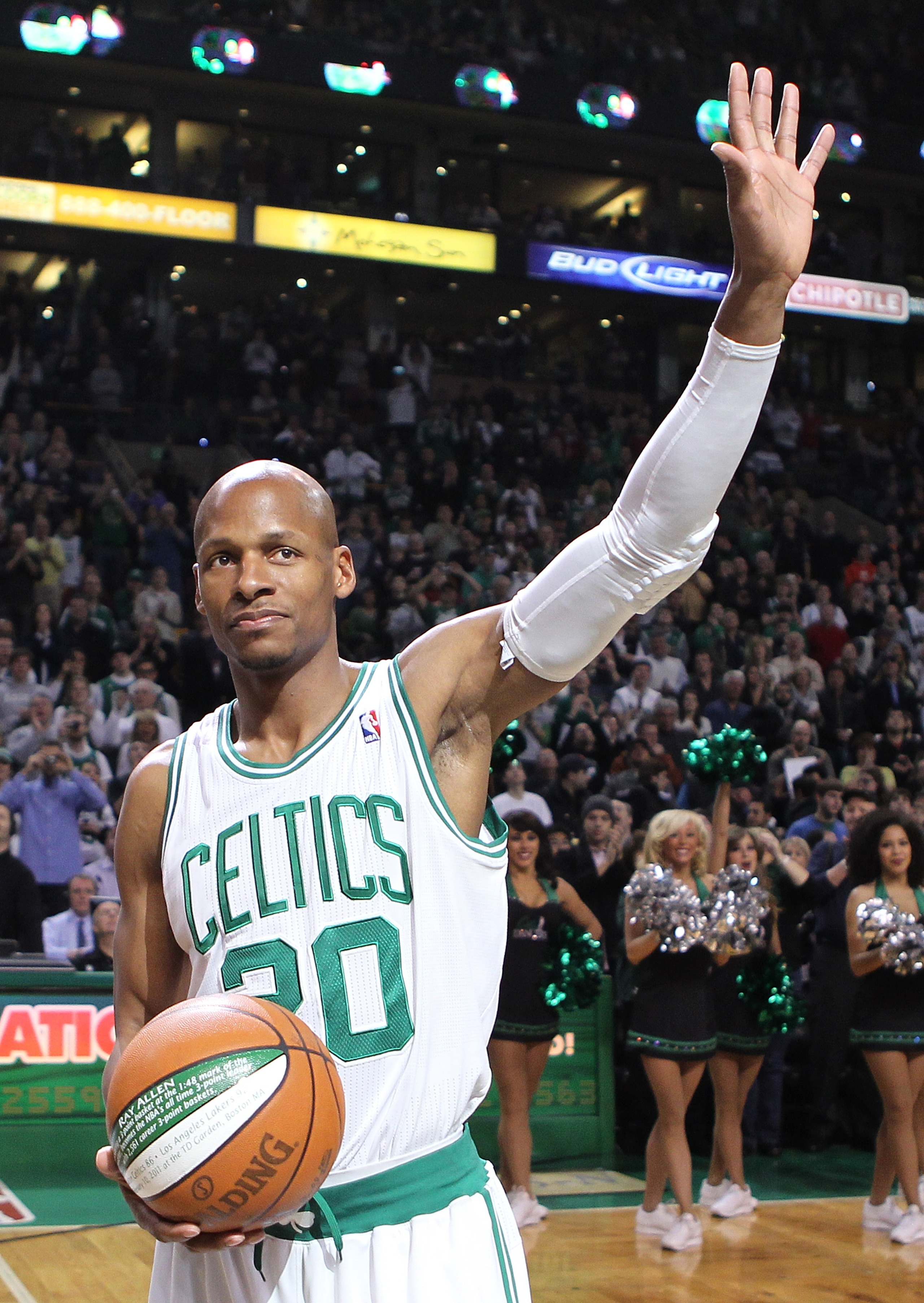 BOSTON - FEBRUARY 13:  Ray Allen #20 of the Boston Celtics is recognized for setting the NBA three-point record before a game against the Miami Heat at TD Garden on February 13, 2011 in Boston, Massachusetts. NOTE TO USER: User expressly acknowledges and