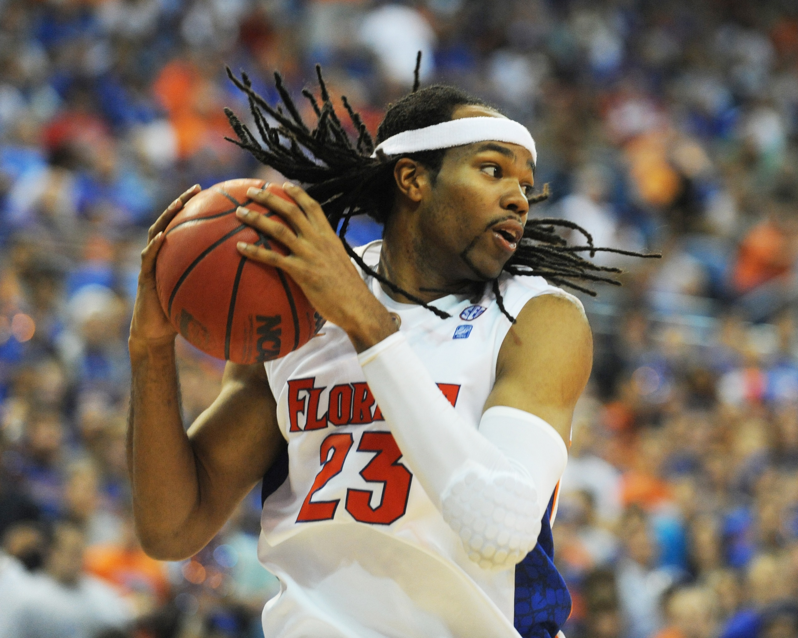 GAINESVILLE, FL - NOVEMBER 16: Forward Alex Tyus #23  of the Florida Gators grabs a rebound against the Ohio State Buckeyes November 16, 2010 at the Stephen C. O'Connell Center in Gainesville, Florida.  (Photo by Al Messerschmidt/Getty Images)