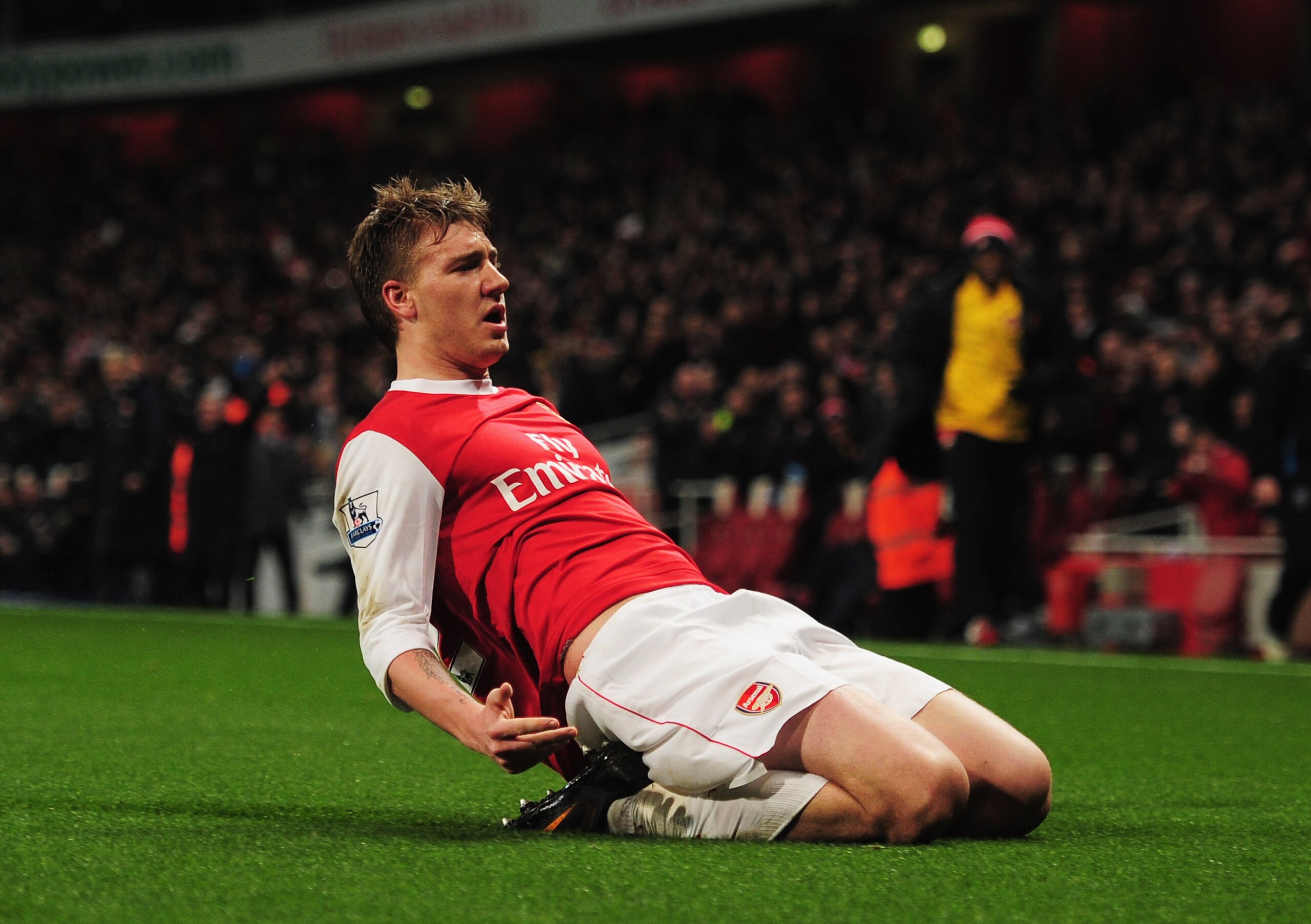 LONDON, ENGLAND - JANUARY 25: Nicklas Bendtner of Arsenal celebrates as he scores their first goal during the Carling Cup Semi Final Second Leg match between Arsenal and Ipswich Town at Emirates Stadium on January 25, 2011 in London, England. (Photo by LONDON, ENGLAND - JANUARY 25: Nicklas Bendtner of Arsenal celebrates as he scores their first goal during the Carling Cup Semi Final Second Leg match between Arsenal and Ipswich Town at Emirates Stadium on January 25, 2011 in London, England. (Photo by